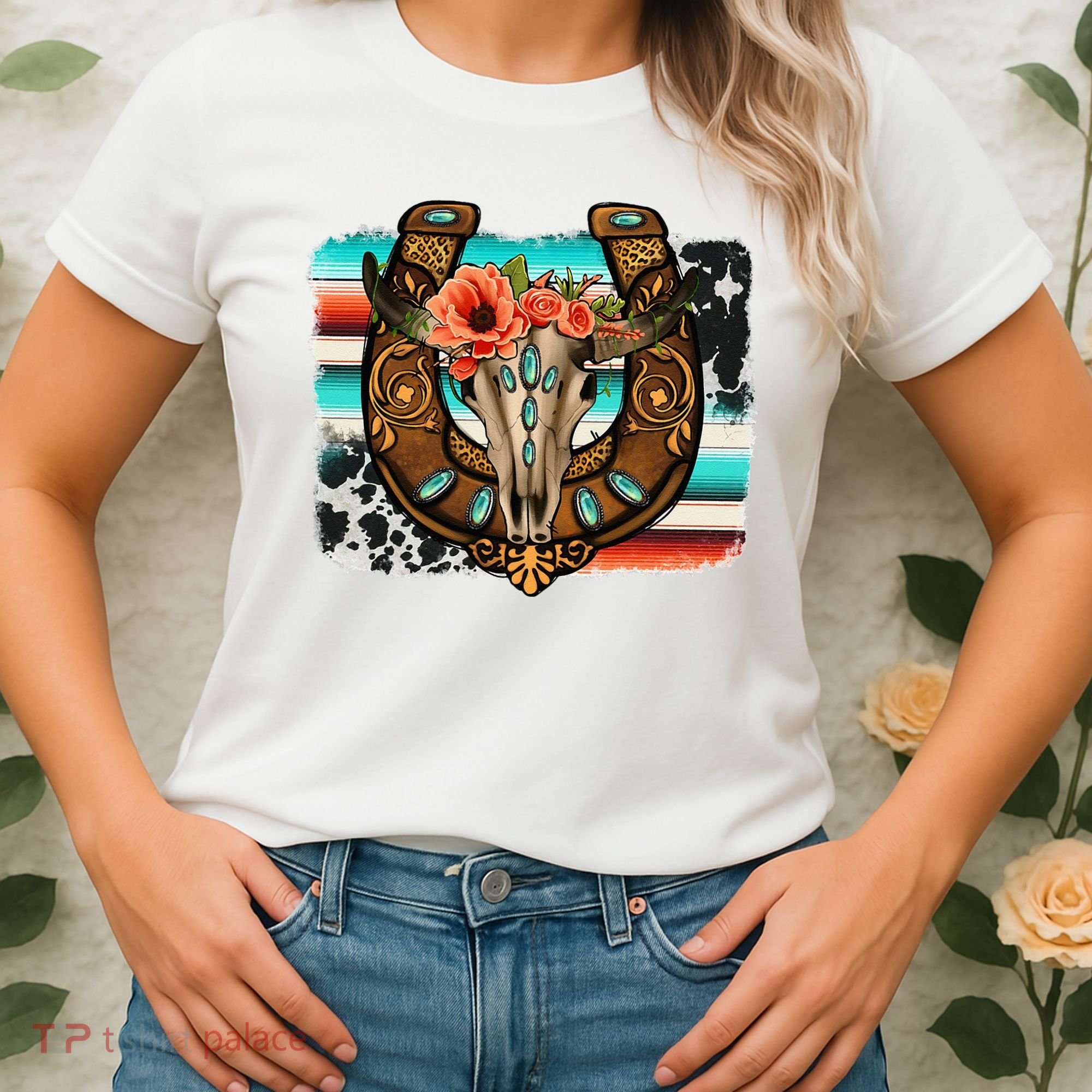 Boho Flower Bull Skull Horseshoes Western Cowhide Serape Women's T-Shirt