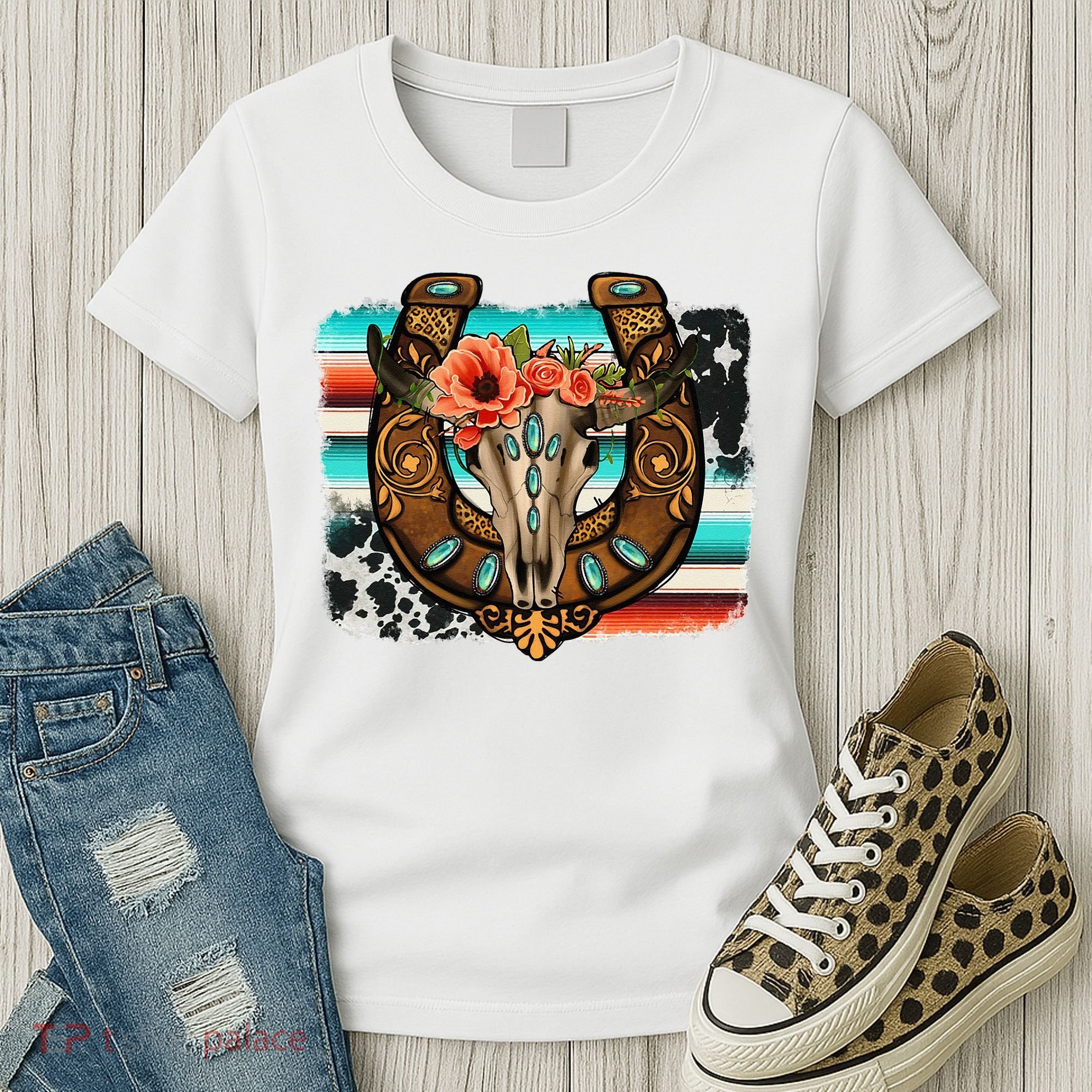 Boho Flower Bull Skull Horseshoes Western Cowhide Serape Women's T-Shirt
