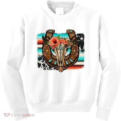 Boho Flower Bull Skull Horseshoes Western Cowhide Serape Kids Sweatshirt