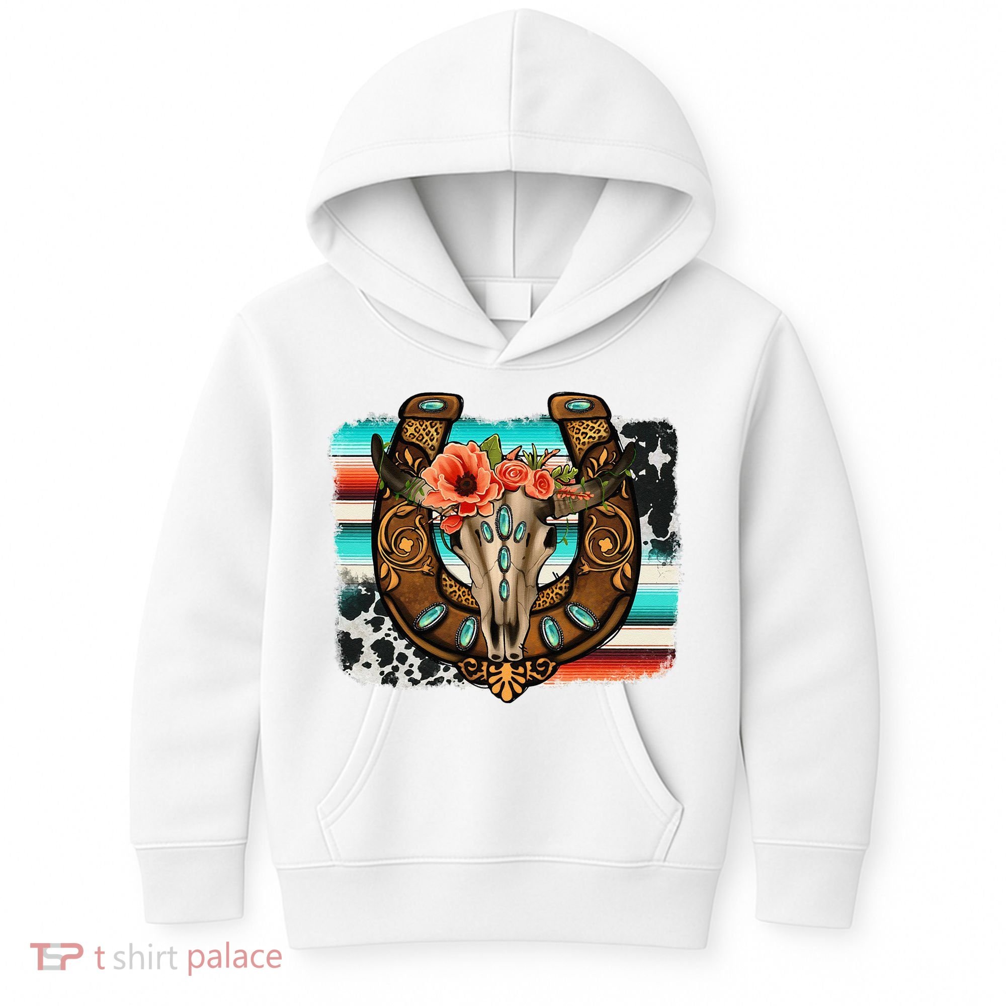 Boho Flower Bull Skull Horseshoes Western Cowhide Serape Kids Hoodie