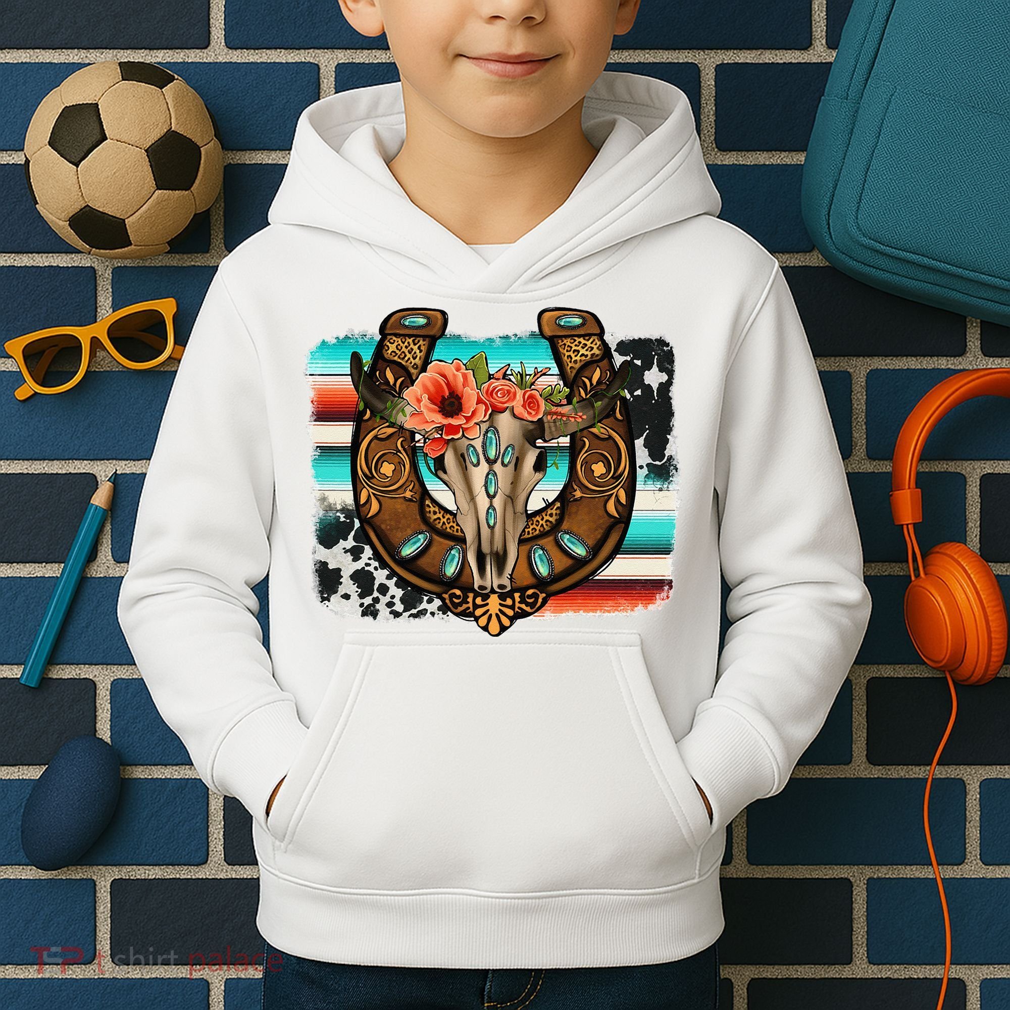 Boho Flower Bull Skull Horseshoes Western Cowhide Serape Kids Hoodie