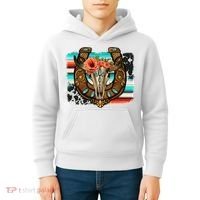 Boho Flower Bull Skull Horseshoes Western Cowhide Serape Kids Hoodie thumb 4