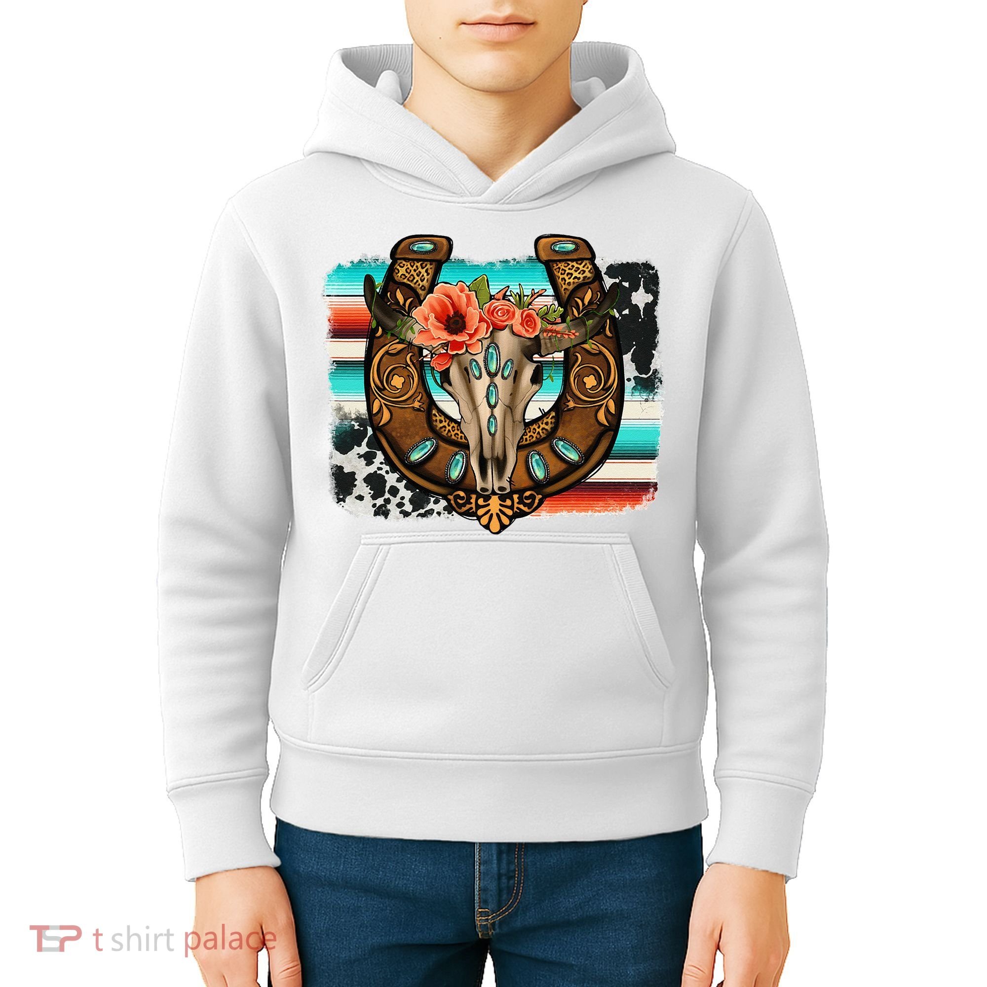 Boho Flower Bull Skull Horseshoes Western Cowhide Serape Kids Hoodie