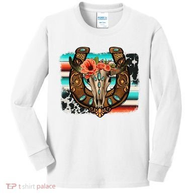 Boho Flower Bull Skull Horseshoes Western Cowhide Serape Kids Long Sleeve Shirt