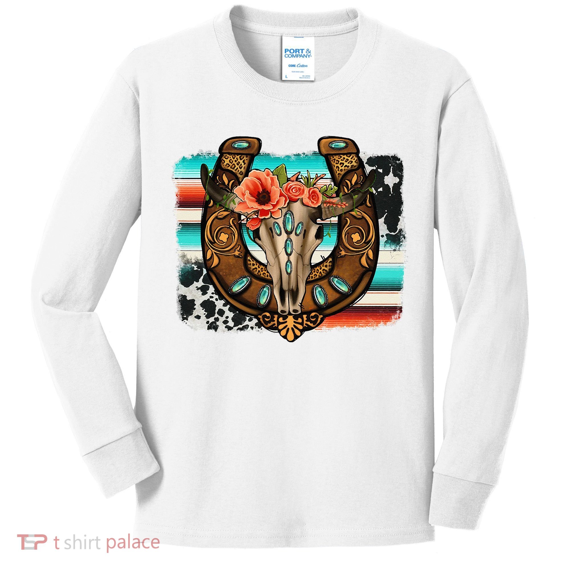 Boho Flower Bull Skull Horseshoes Western Cowhide Serape Kids Long Sleeve Shirt
