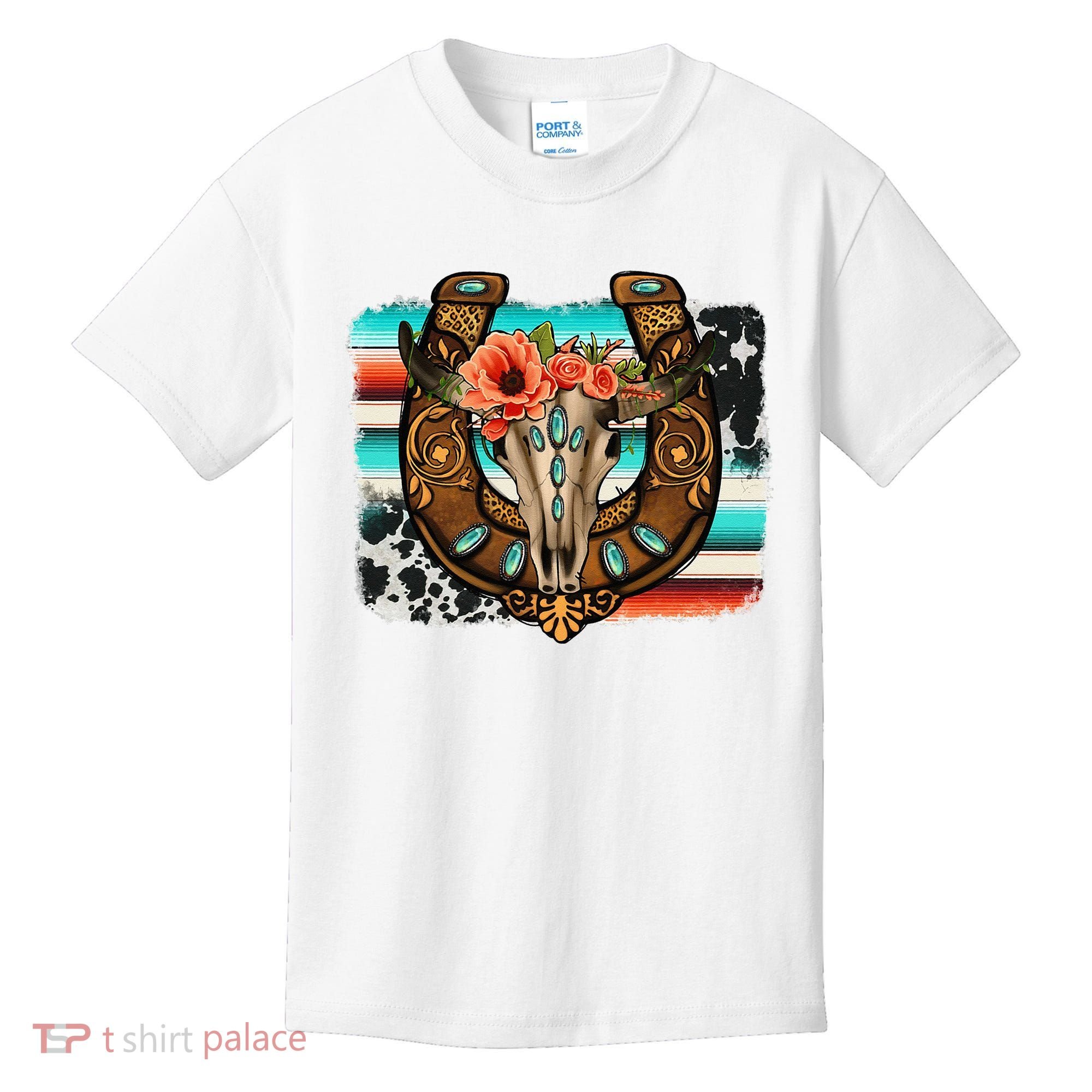 Boho Flower Bull Skull Horseshoes Western Cowhide Serape Kids T-Shirt