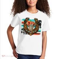 Boho Flower Bull Skull Horseshoes Western Cowhide Serape Kids T-Shirt thumb 2