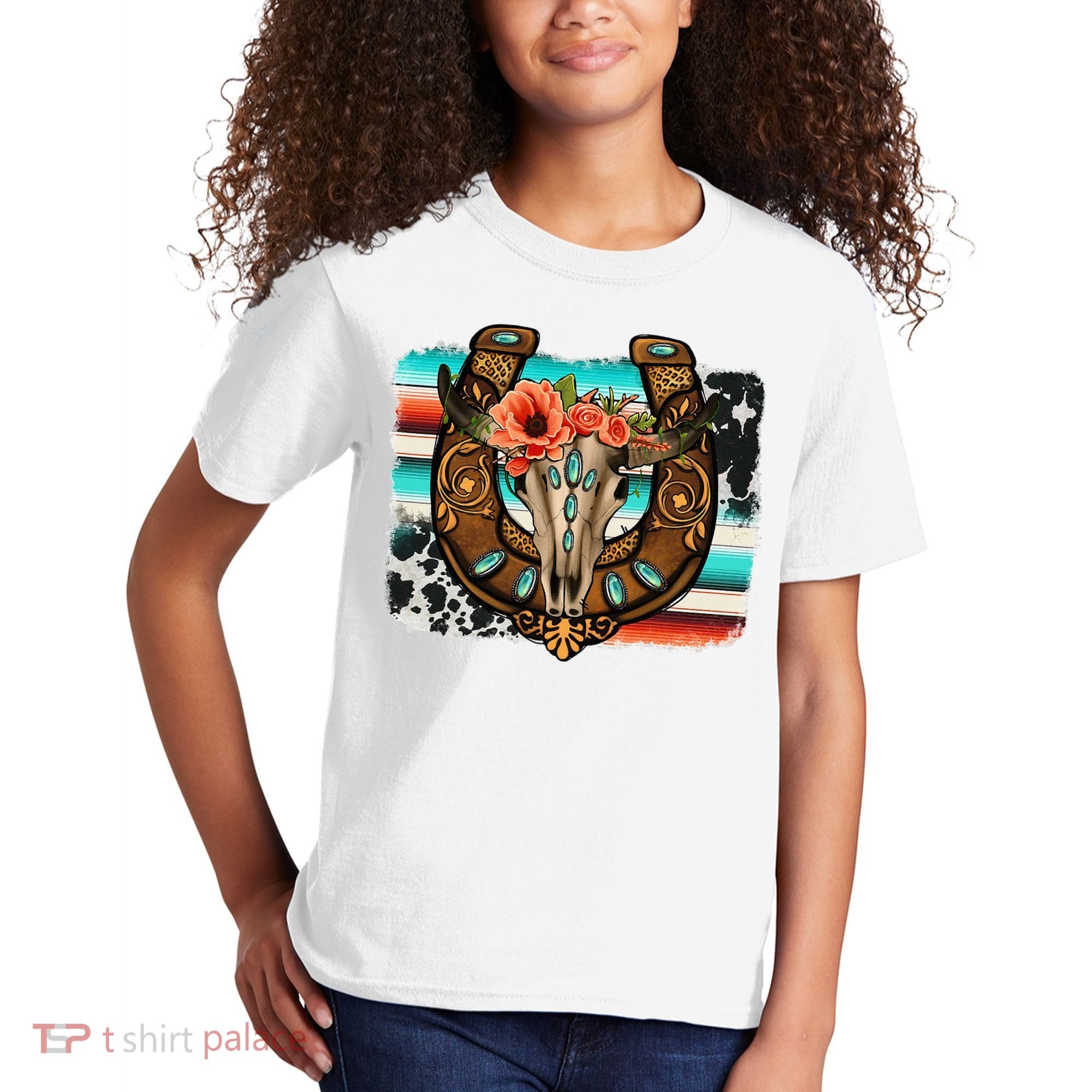 Boho Flower Bull Skull Horseshoes Western Cowhide Serape Kids T-Shirt