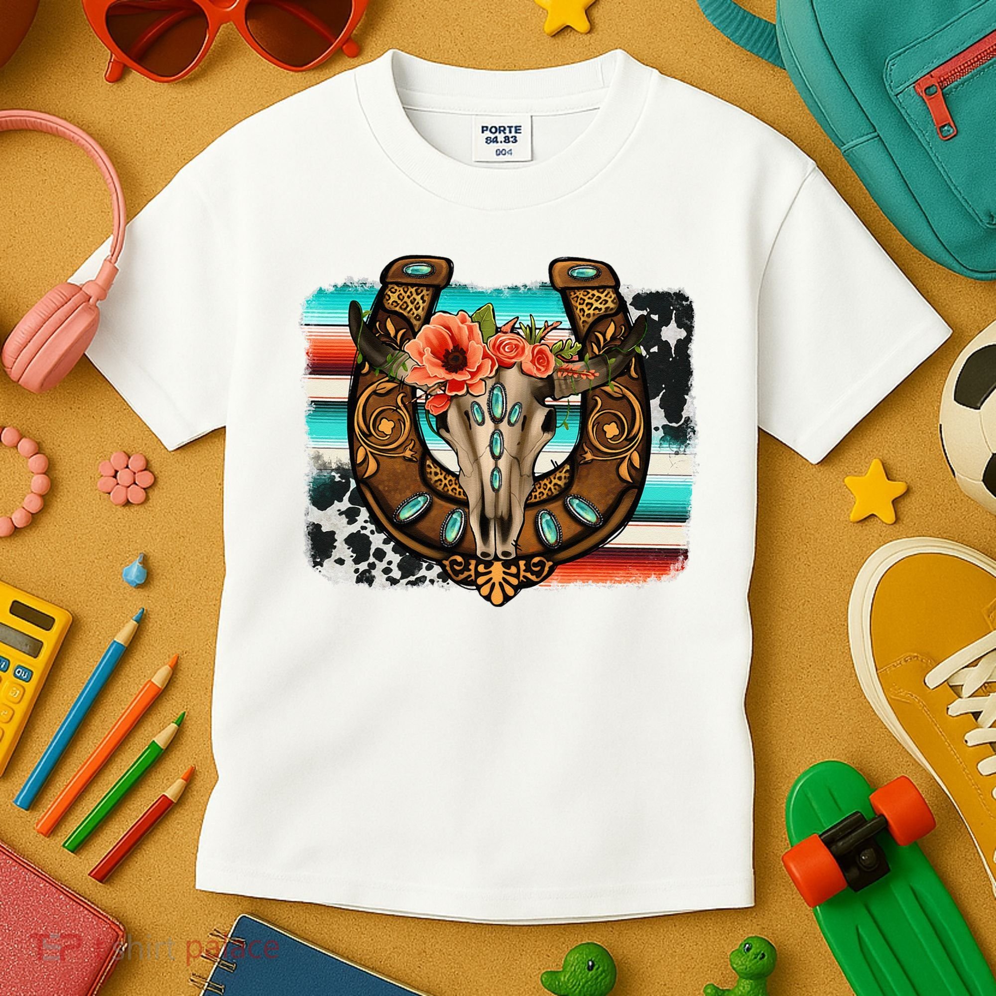 Boho Flower Bull Skull Horseshoes Western Cowhide Serape Kids T-Shirt