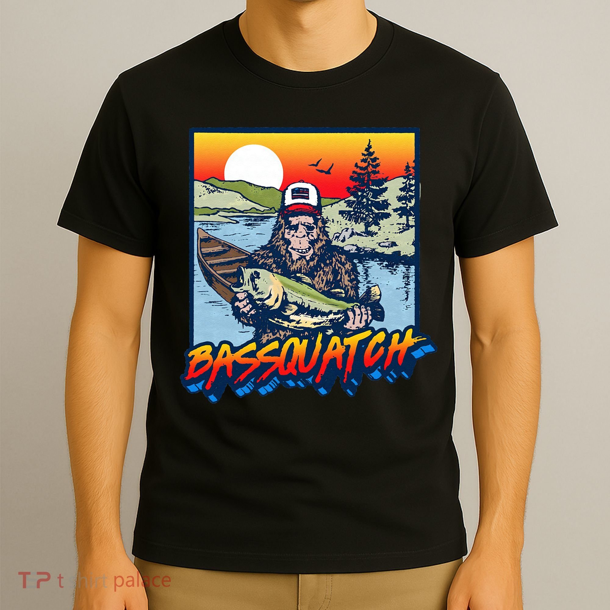 Bassquatch! Funny Bass Fishing Sasquatch Retro 80s Fisherman Gift T-Shirt