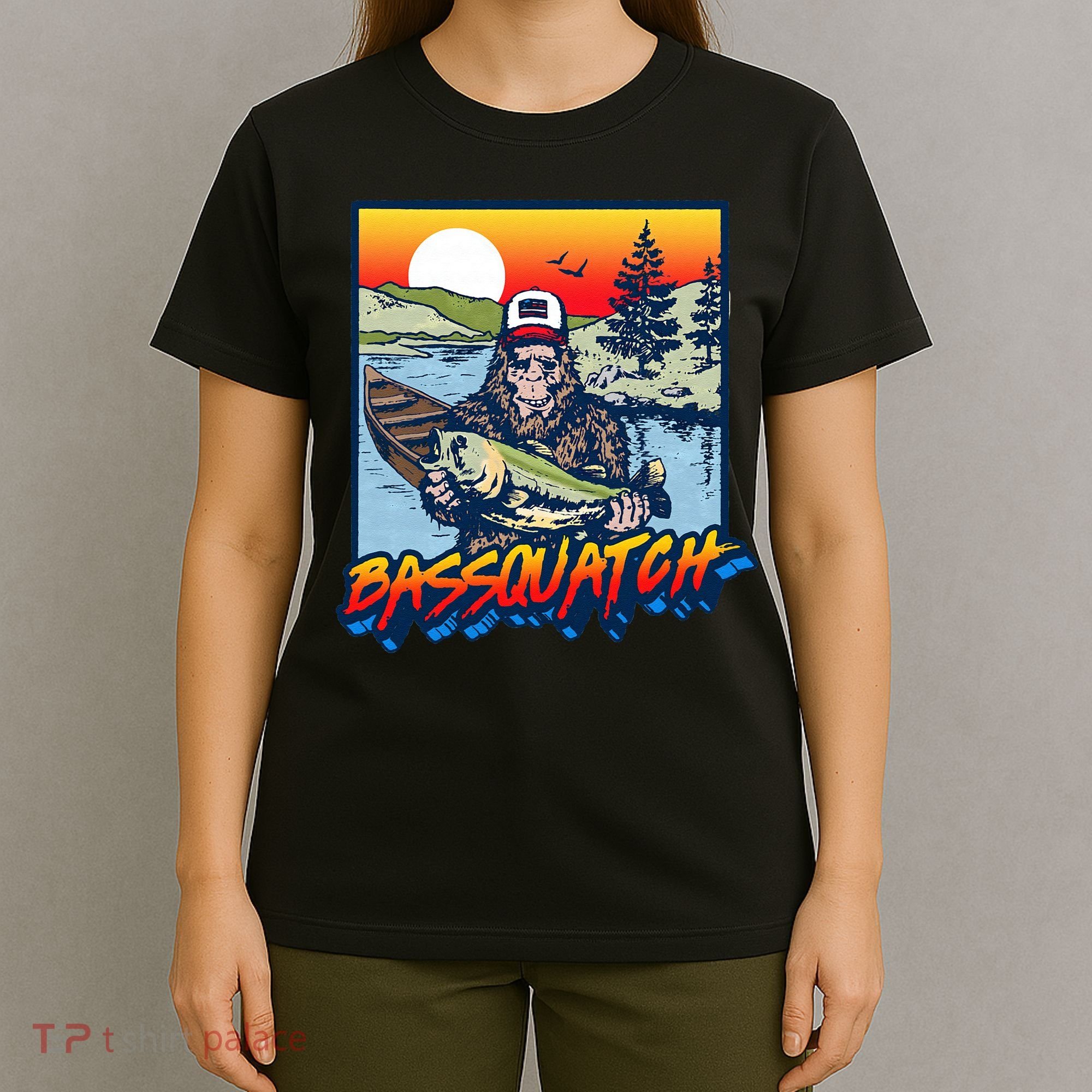 Bassquatch! Funny Bass Fishing Sasquatch Retro 80s Fisherman Gift T-Shirt