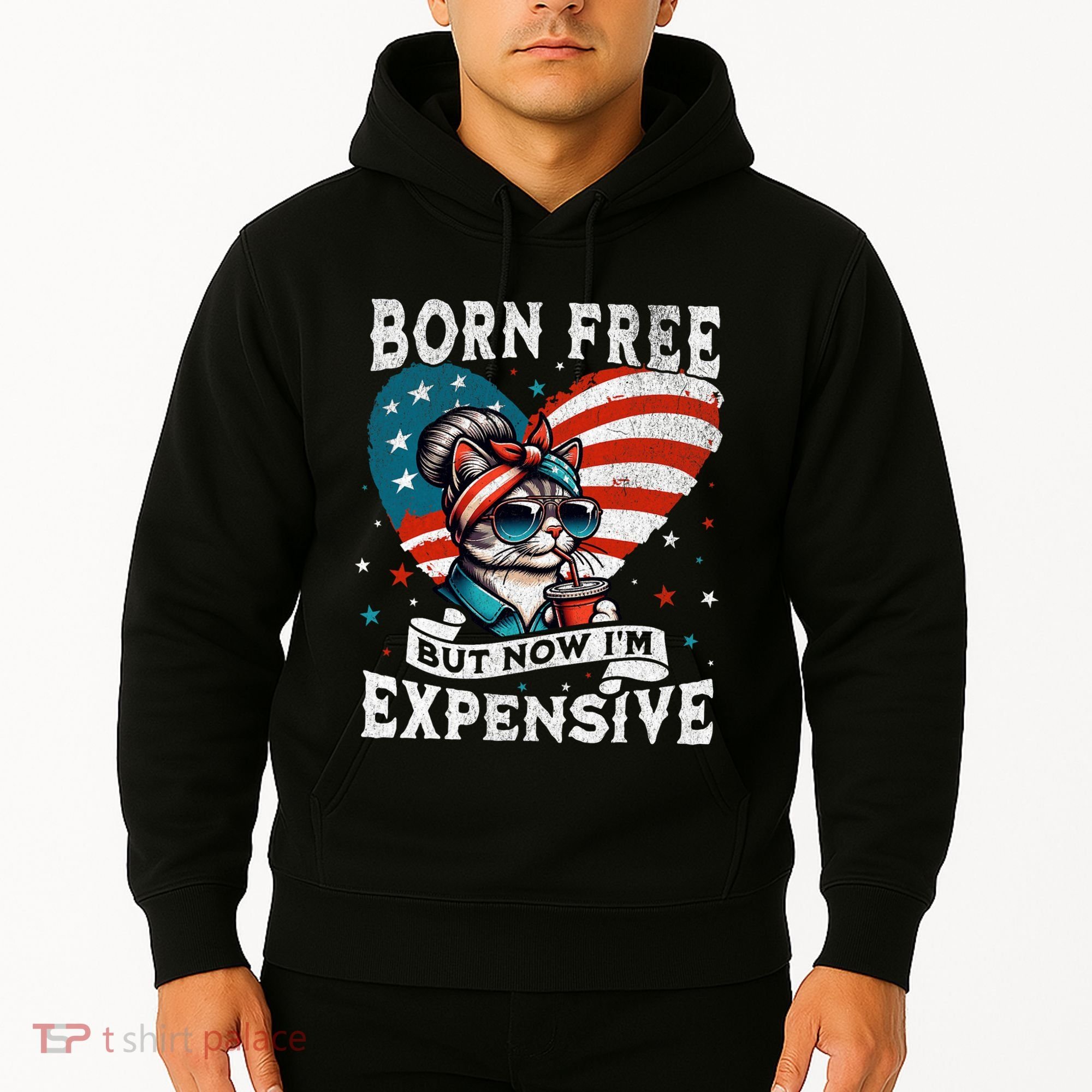 Born Free But Now IM Expensive Funny Mom Bun Cat July 4th Hoodie