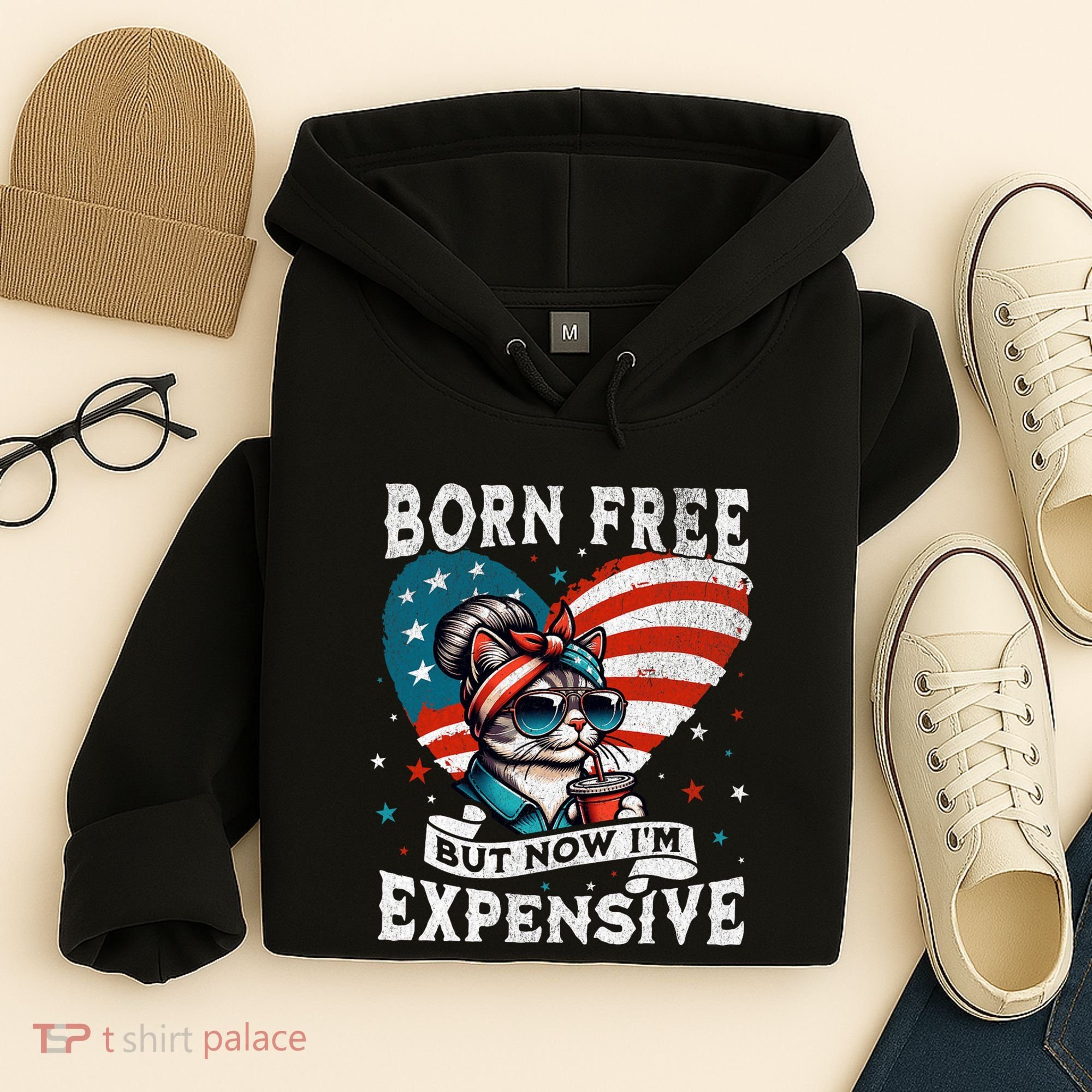 Born Free But Now IM Expensive Funny Mom Bun Cat July 4th Hoodie