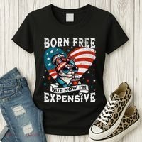 Born Free But Now IM Expensive Funny Mom Bun Cat July 4th Women's T-Shirt thumb 3