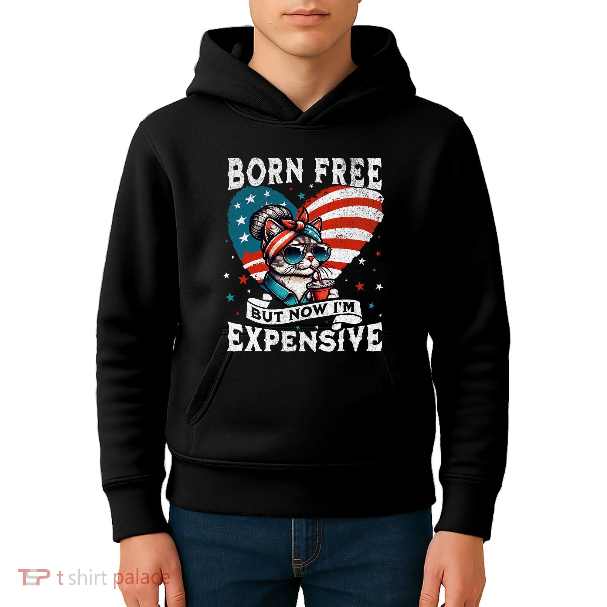 Born Free But Now IM Expensive Funny Mom Bun Cat July 4th Kids Hoodie