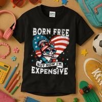 Born Free But Now IM Expensive Funny Mom Bun Cat July 4th Kids T-Shirt thumb 3