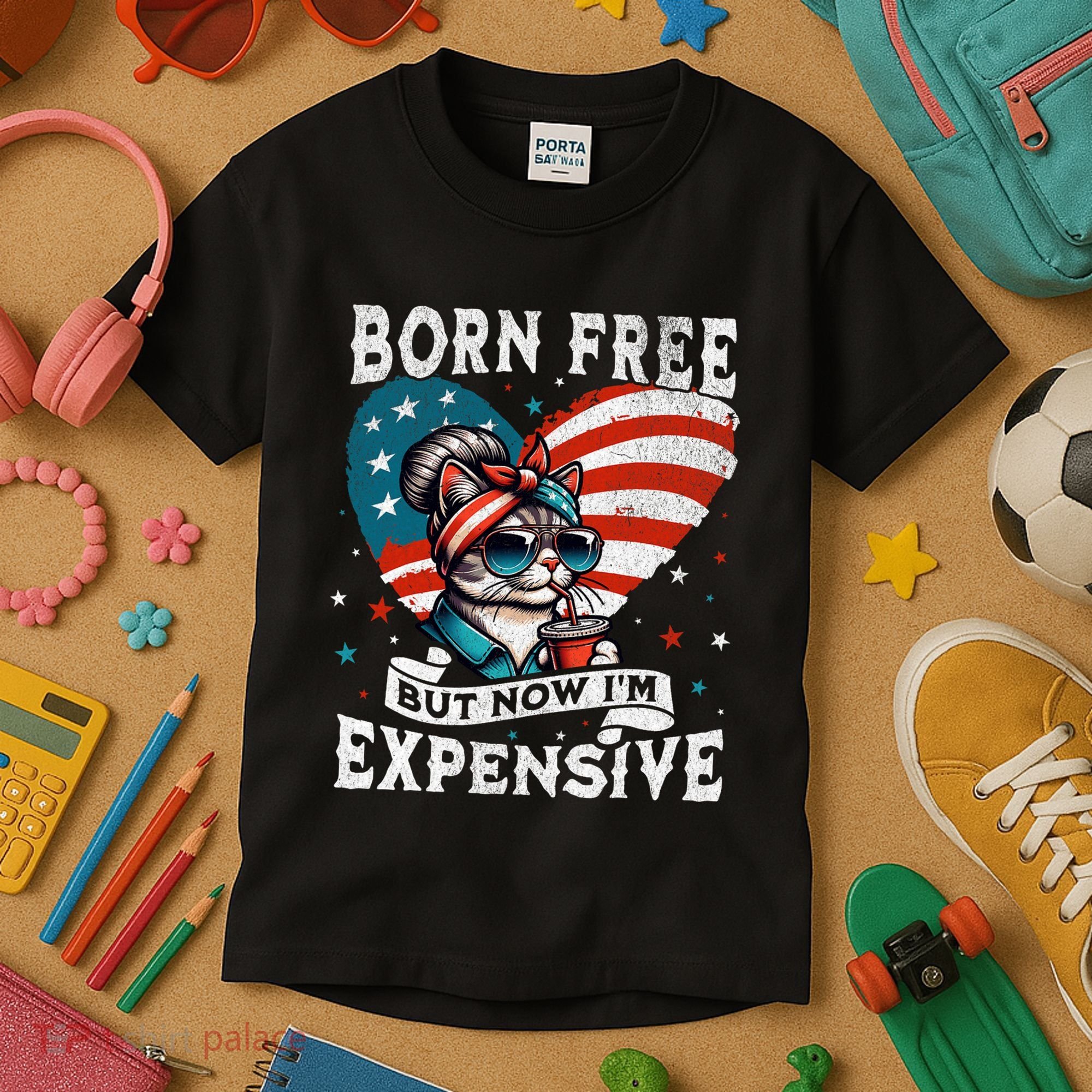 Born Free But Now IM Expensive Funny Mom Bun Cat July 4th Kids T-Shirt