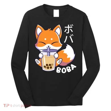 Boba Fox Bubble Tea Chibi Foxes Long Sleeve Shirt