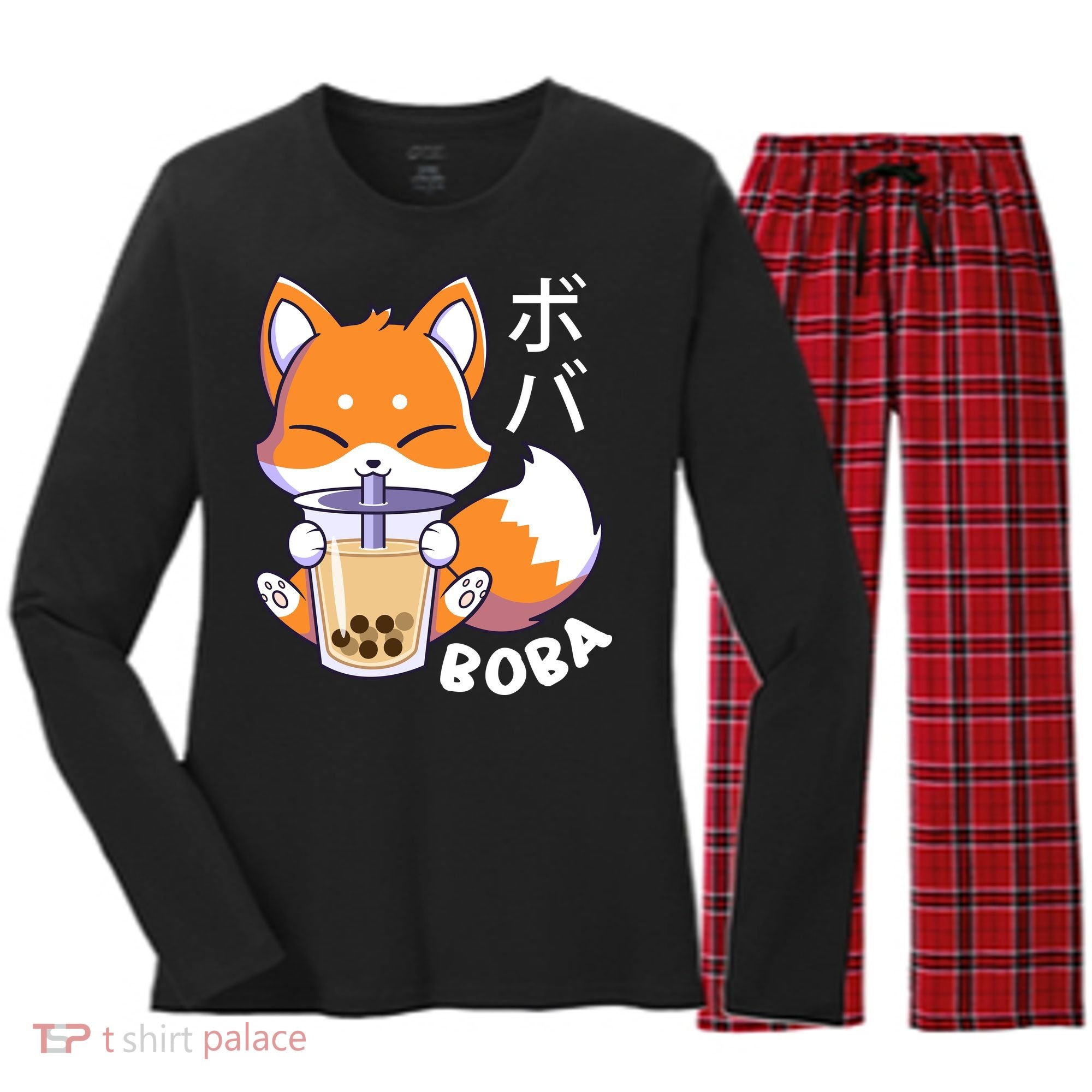 Boba Fox Bubble Tea Chibi Foxes Women's Long Sleeve Flannel Pajama Set 