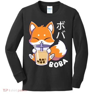 Boba Fox Bubble Tea Chibi Foxes Kids Long Sleeve Shirt