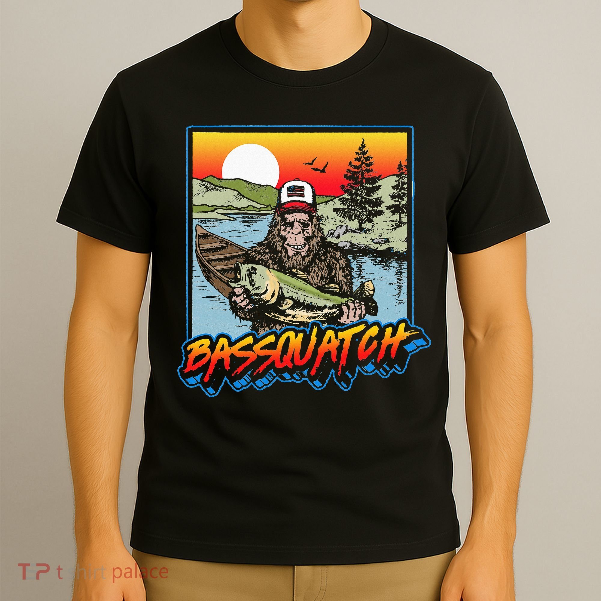 Bassquatch! Funny Bass Fishing Sasquatch Retro 80s Fisherman T-Shirt
