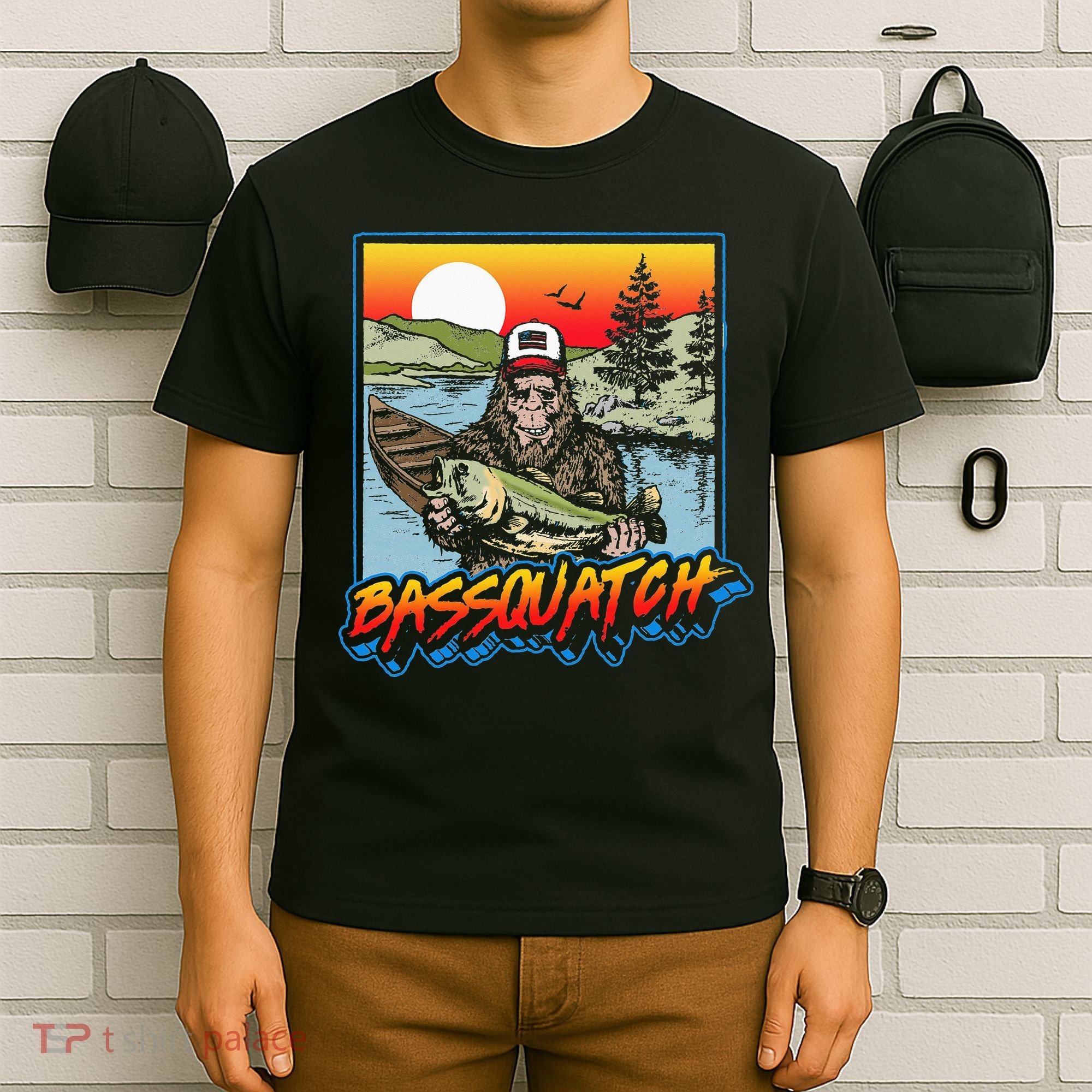 Bassquatch! Funny Bass Fishing Sasquatch Retro 80s Fisherman T-Shirt