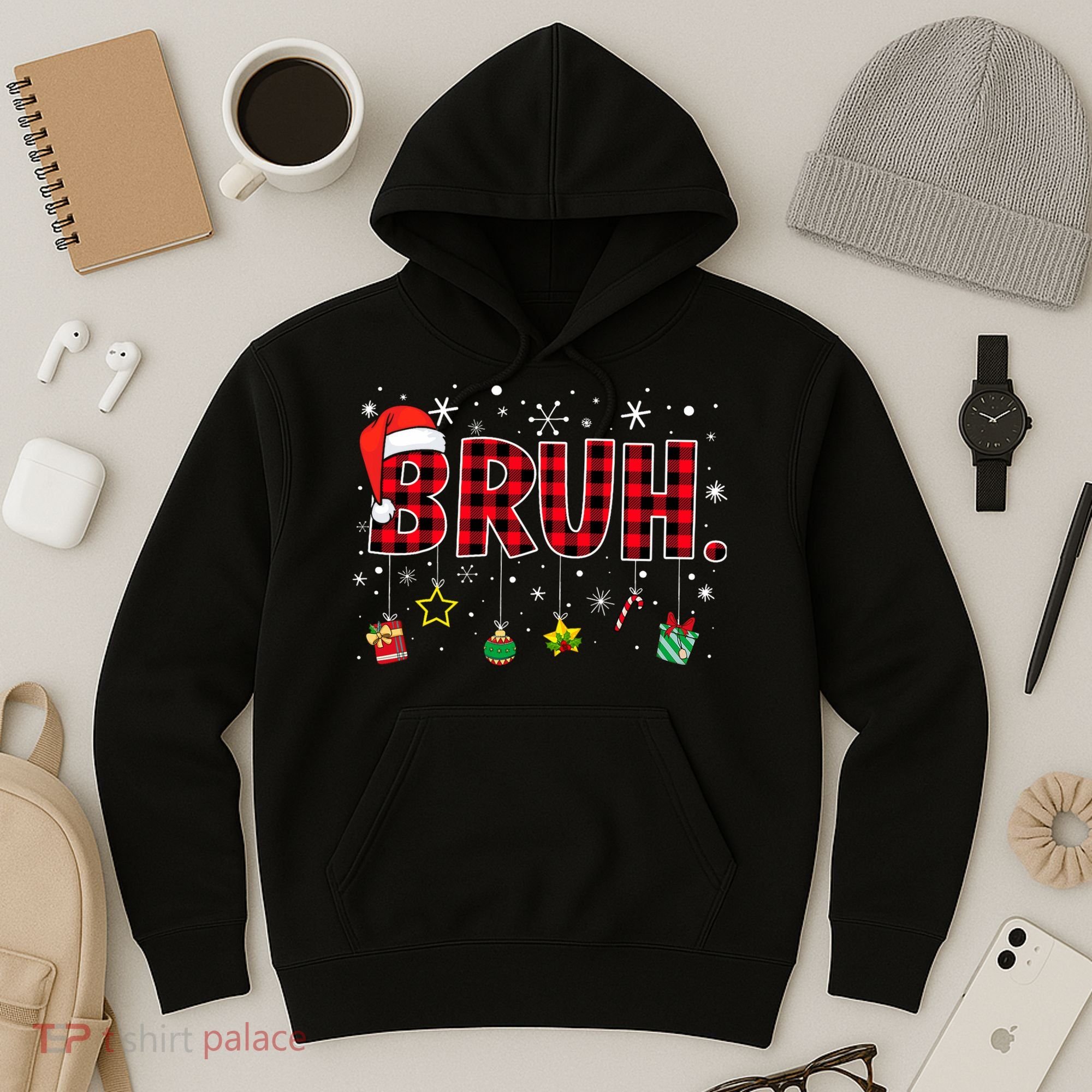 Bruh Funny Christmas Red Plaid Teens Xmas Pajamas Hoodie