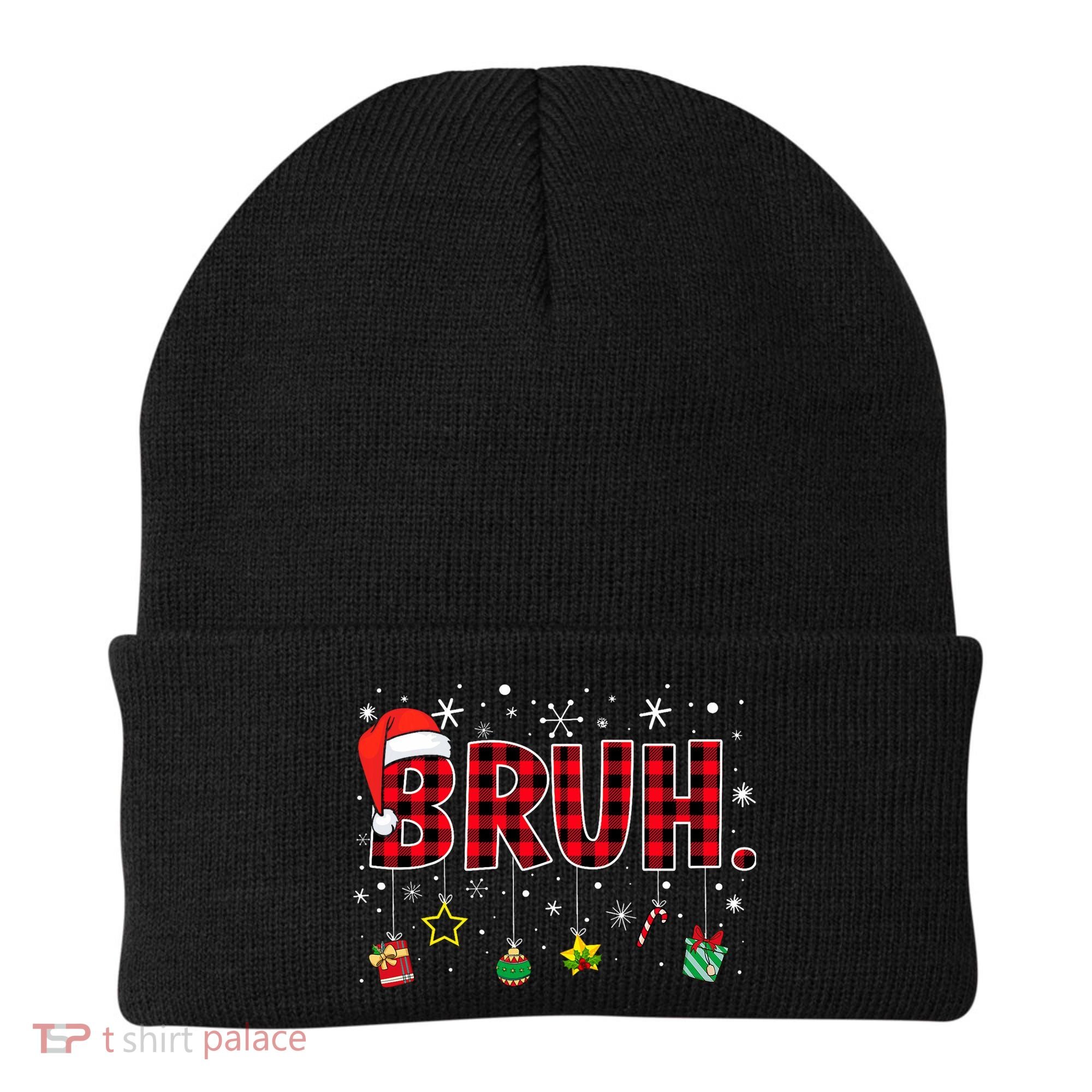 Bruh Funny Christmas Red Plaid Teens Xmas Pajamas Beanie