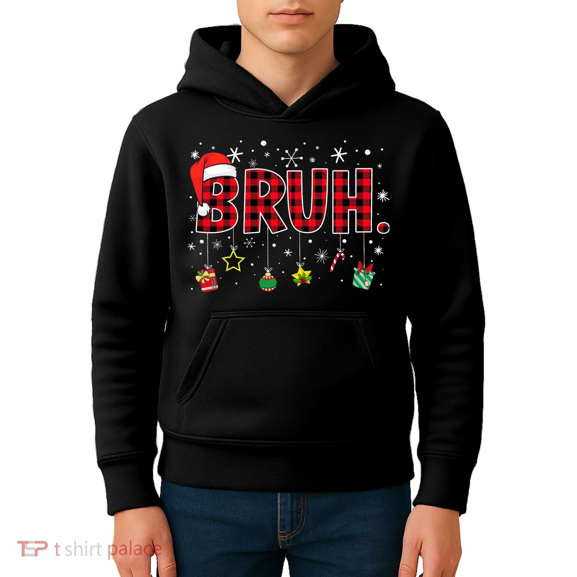 Bruh Funny Christmas Red Plaid Teens Xmas Pajamas Kids Hoodie
