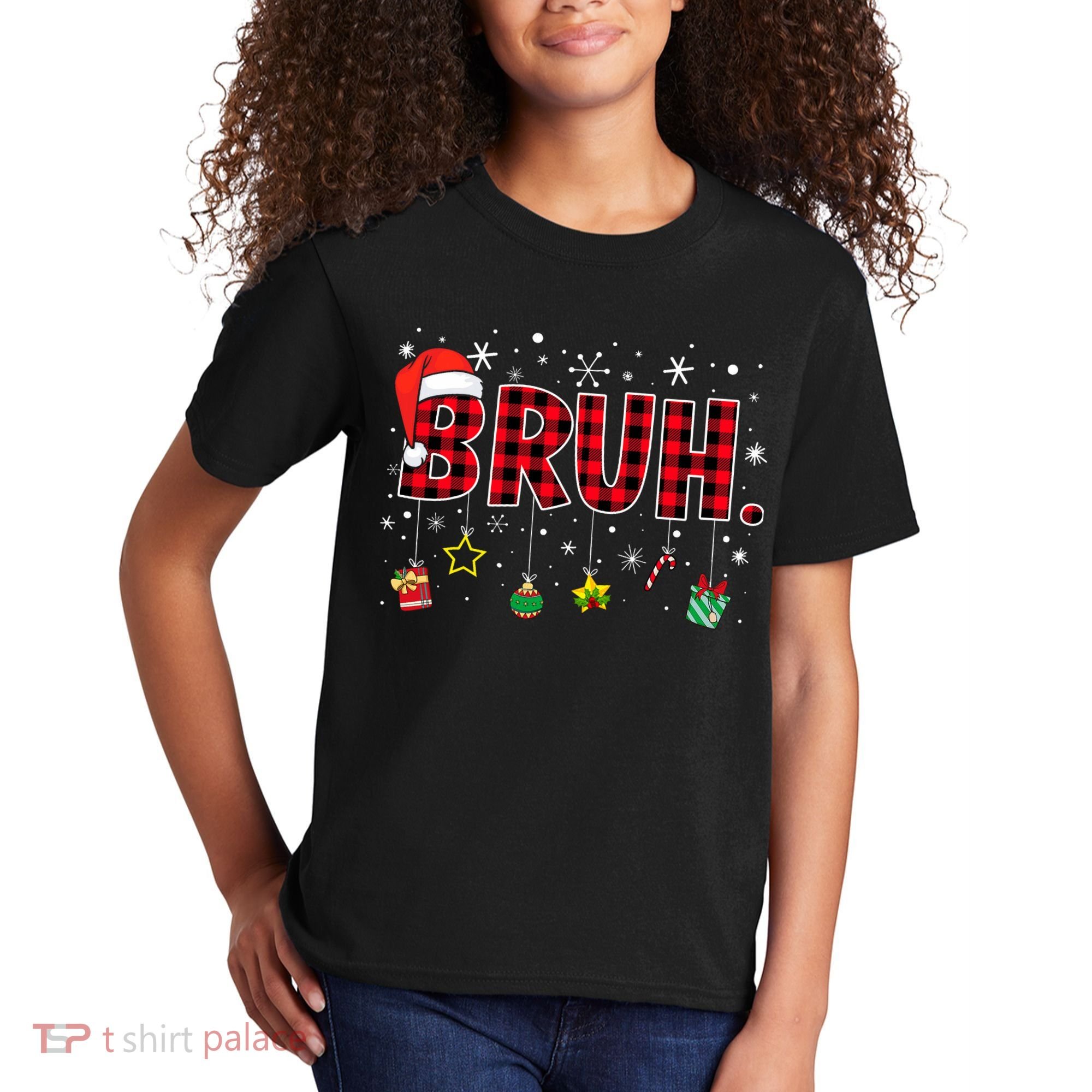 Bruh Funny Christmas Red Plaid Teens Xmas Pajamas Kids T-Shirt