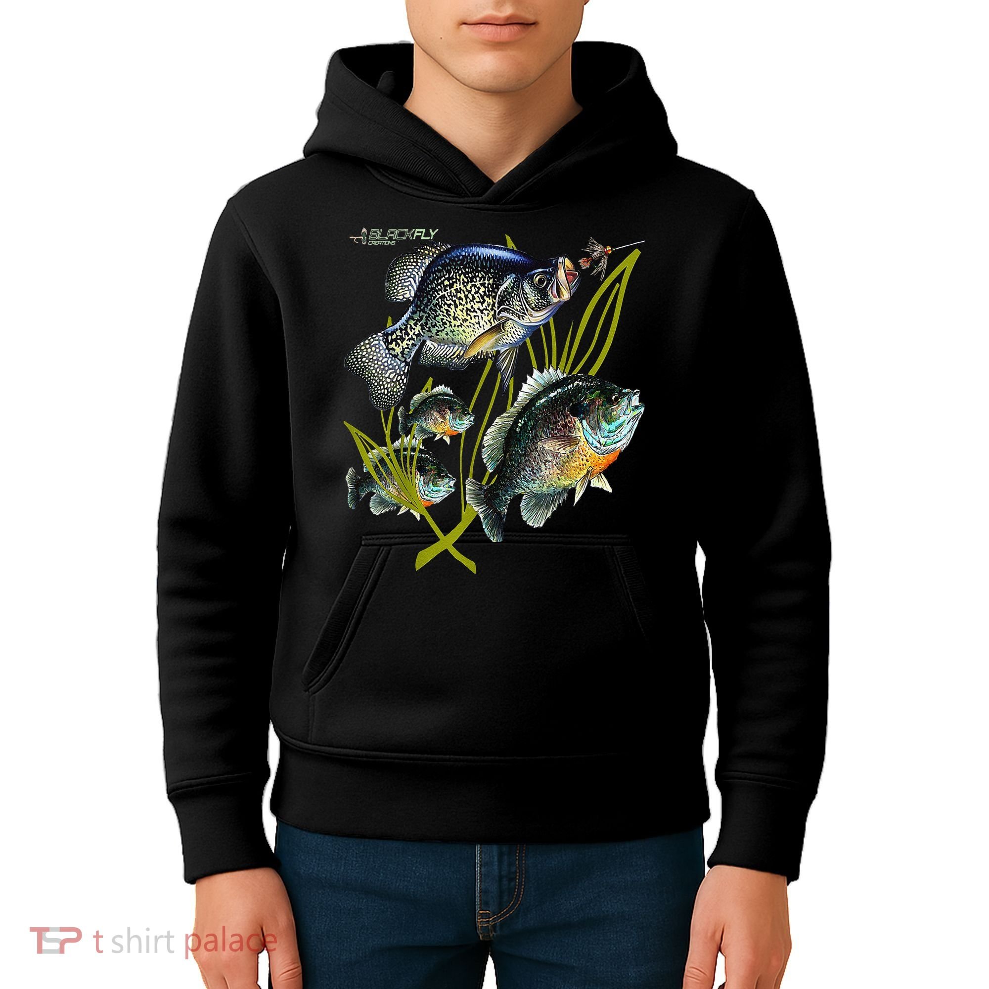 Black Fly Crappie Bluegill Fishing Panfish Flies Jig Kids Hoodie