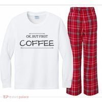 But First COFFEE Funny Coffee Sayings Kids Long Sleeve Plaid Pajama Set thumb 0