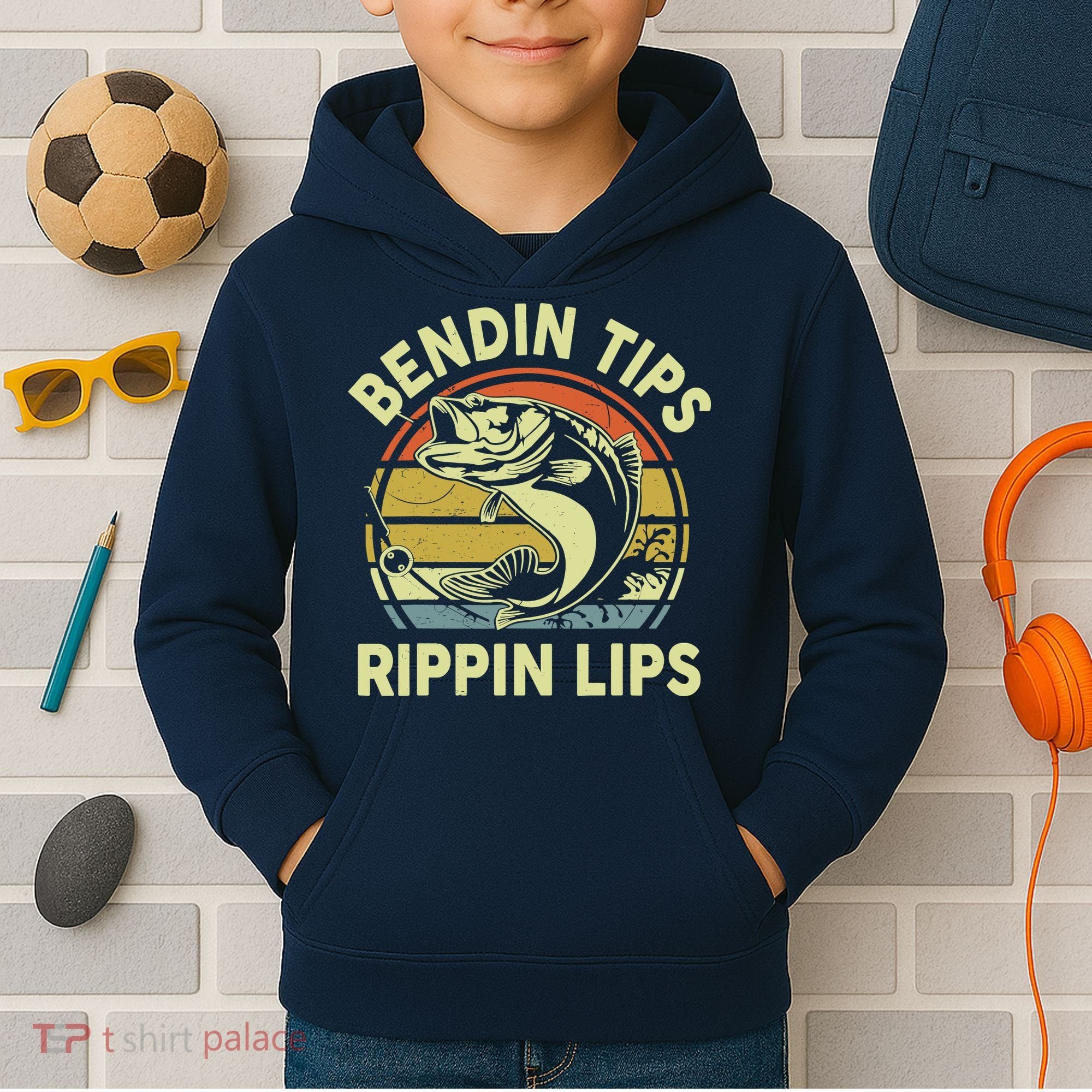 Bass Fish Dad Bendin Tips Rippin Lips Funny Papa Fishing Kids Hoodie