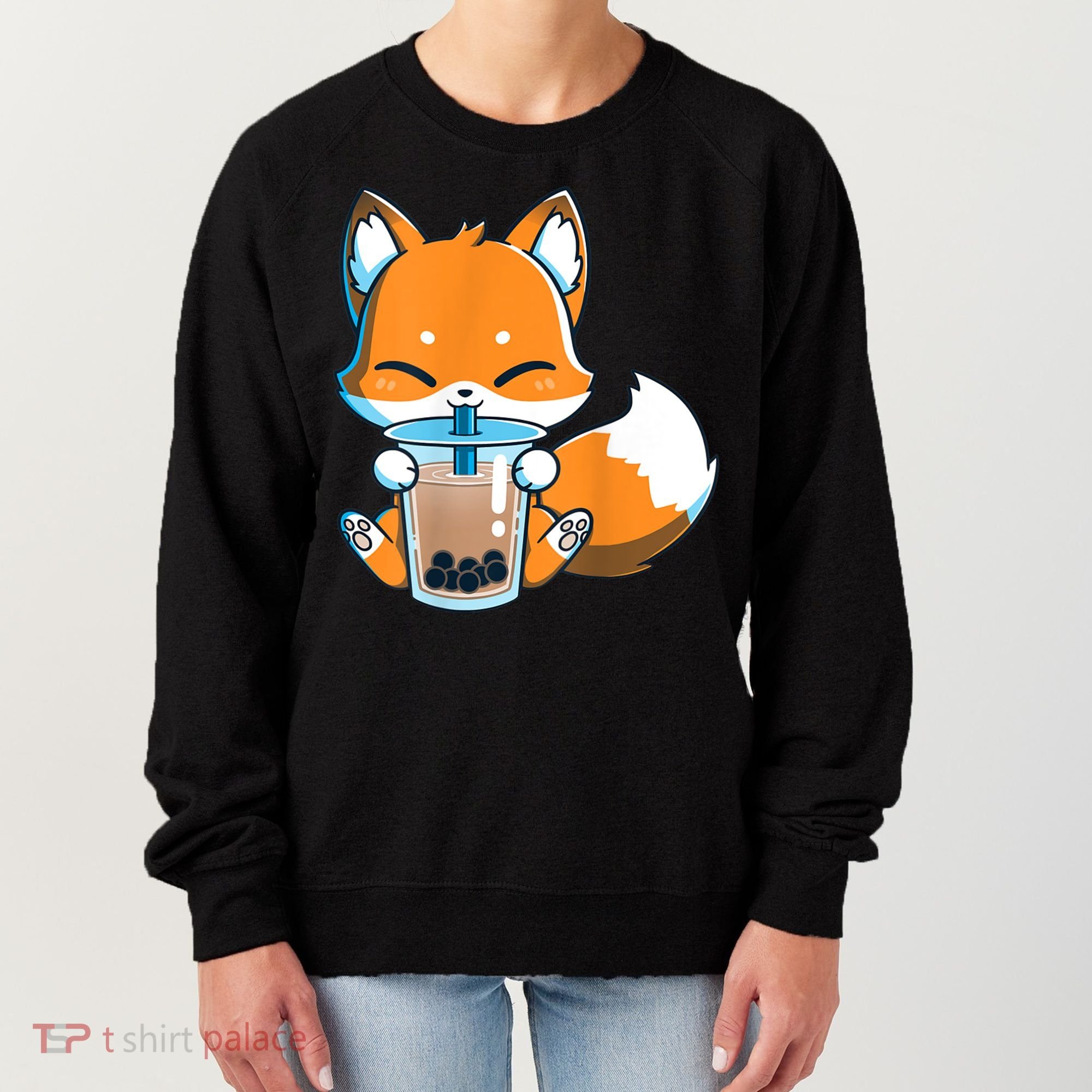 Boba Fox Drinking Cute Kawaii Japanese Foxy Anime Women's Sweatshirt