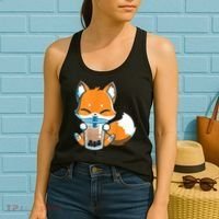 Boba Fox Drinking Cute Kawaii Japanese Foxy Anime Women's Tank Top thumb 2