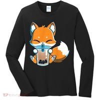 Boba Fox Drinking Cute Kawaii Japanese Foxy Anime Women's Long Sleeve Shirt thumb 0