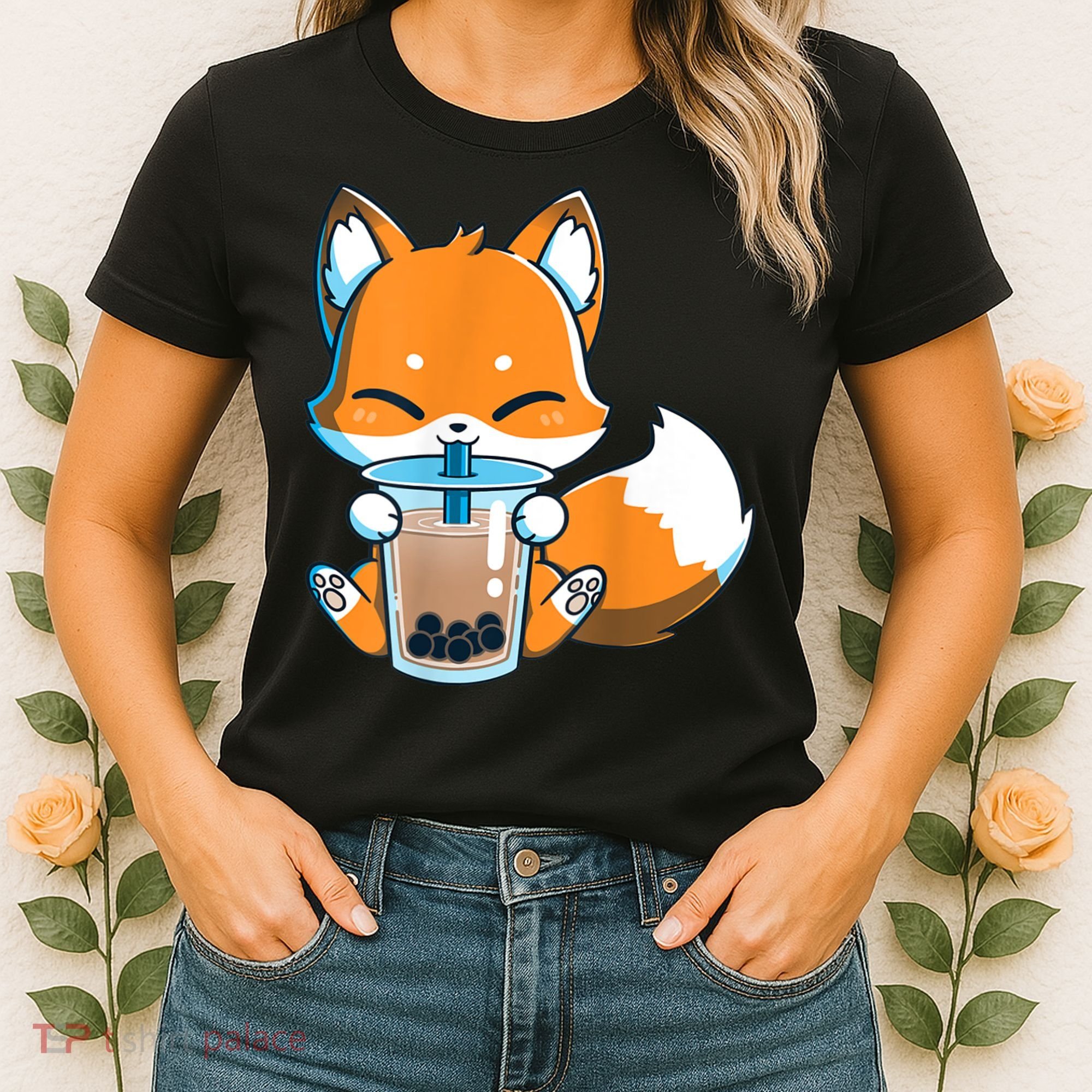 Boba Fox Drinking Cute Kawaii Japanese Foxy Anime Women's T-Shirt