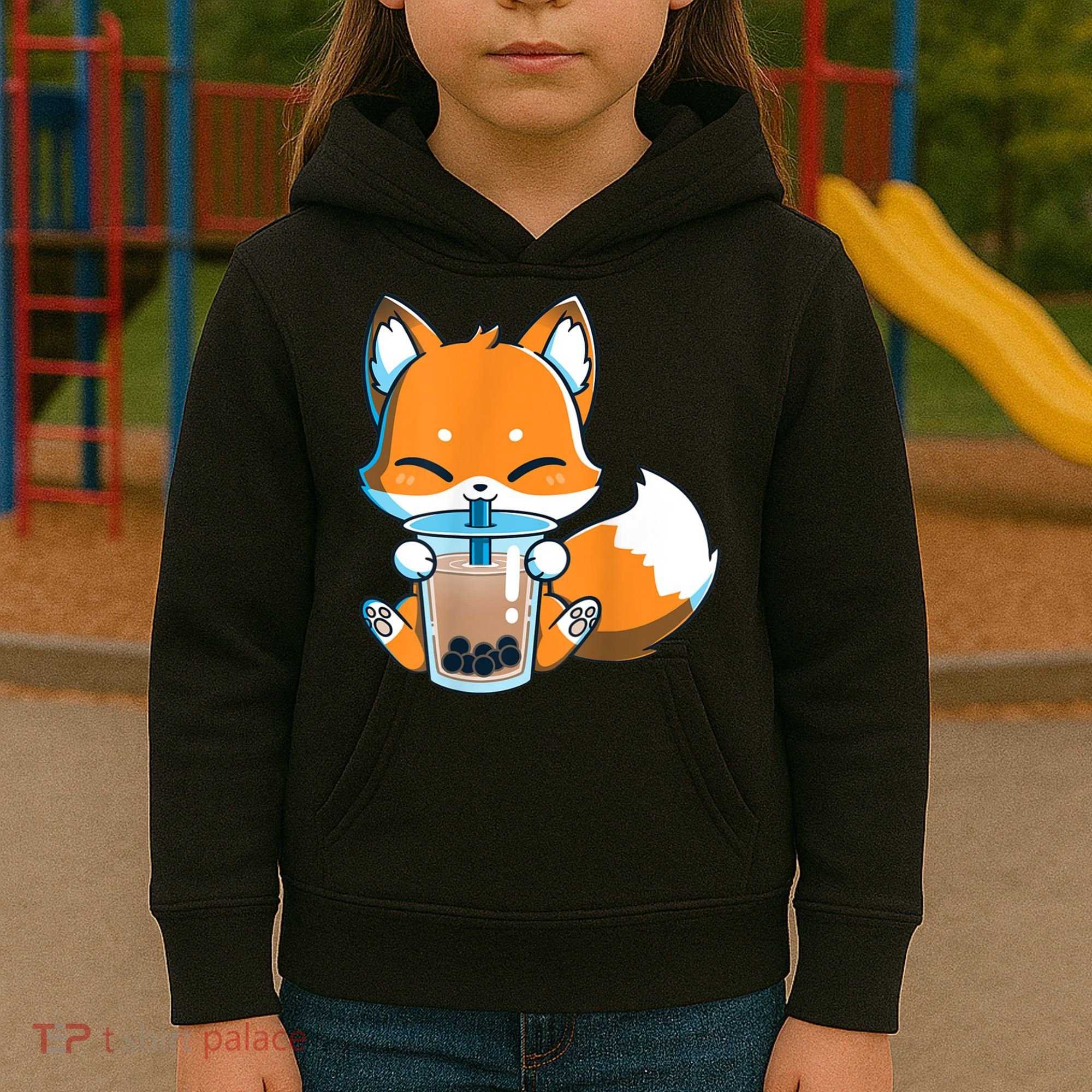 Boba Fox Drinking Cute Kawaii Japanese Foxy Anime Kids Hoodie