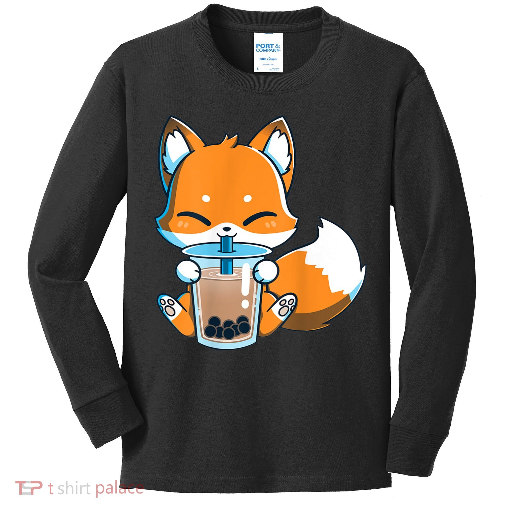 Boba Fox Drinking Cute Kawaii Japanese Foxy Anime Kids Long Sleeve Shirt