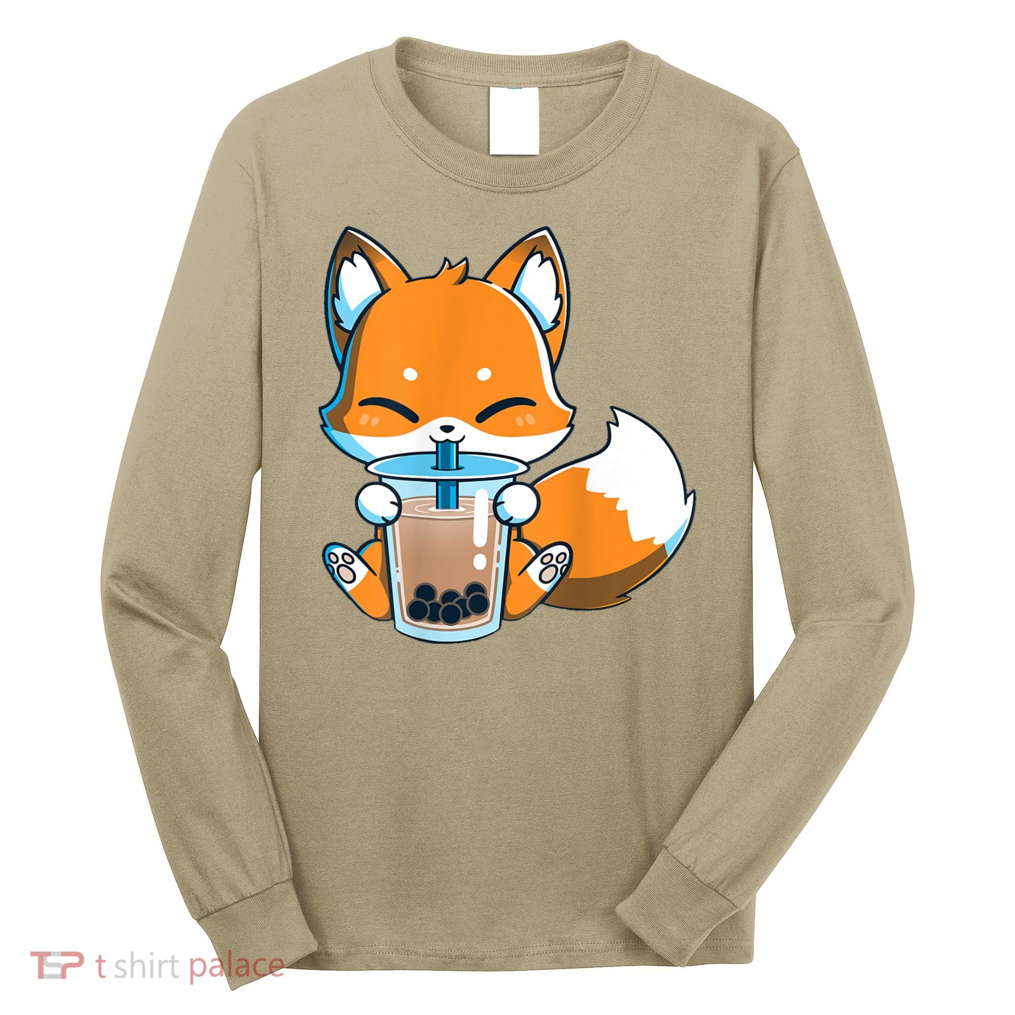 Boba Fox Drinking Cute Kawaii Japanese Foxy Anime Long Sleeve Shirt
