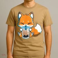 Boba Fox Drinking Cute Kawaii Japanese Foxy Anime T-Shirt thumb 3