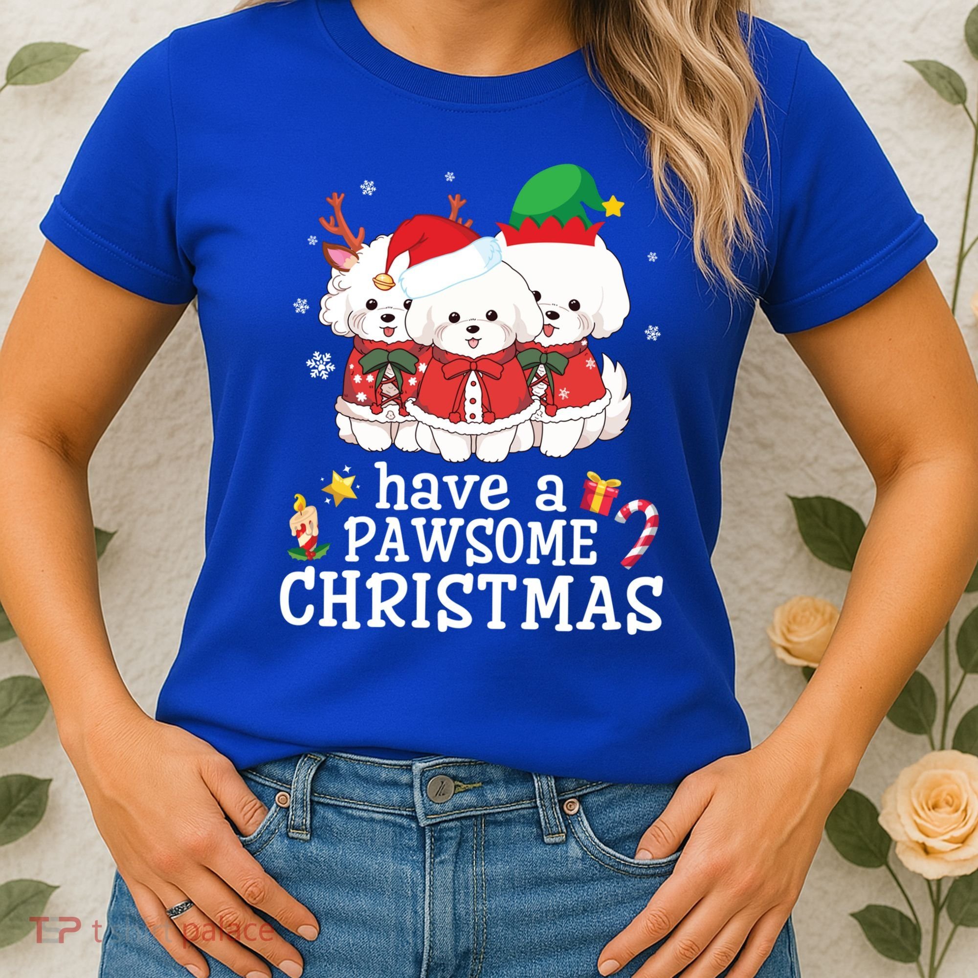Bichon Frise Dogs Merry Day Mom Dad Have A Pawsome Christmas Cute Gift Women's T-Shirt