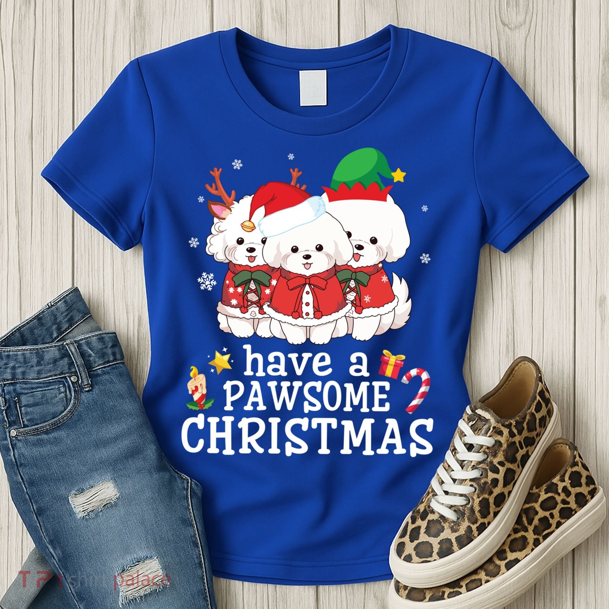 Bichon Frise Dogs Merry Day Mom Dad Have A Pawsome Christmas Cute Gift Women's T-Shirt