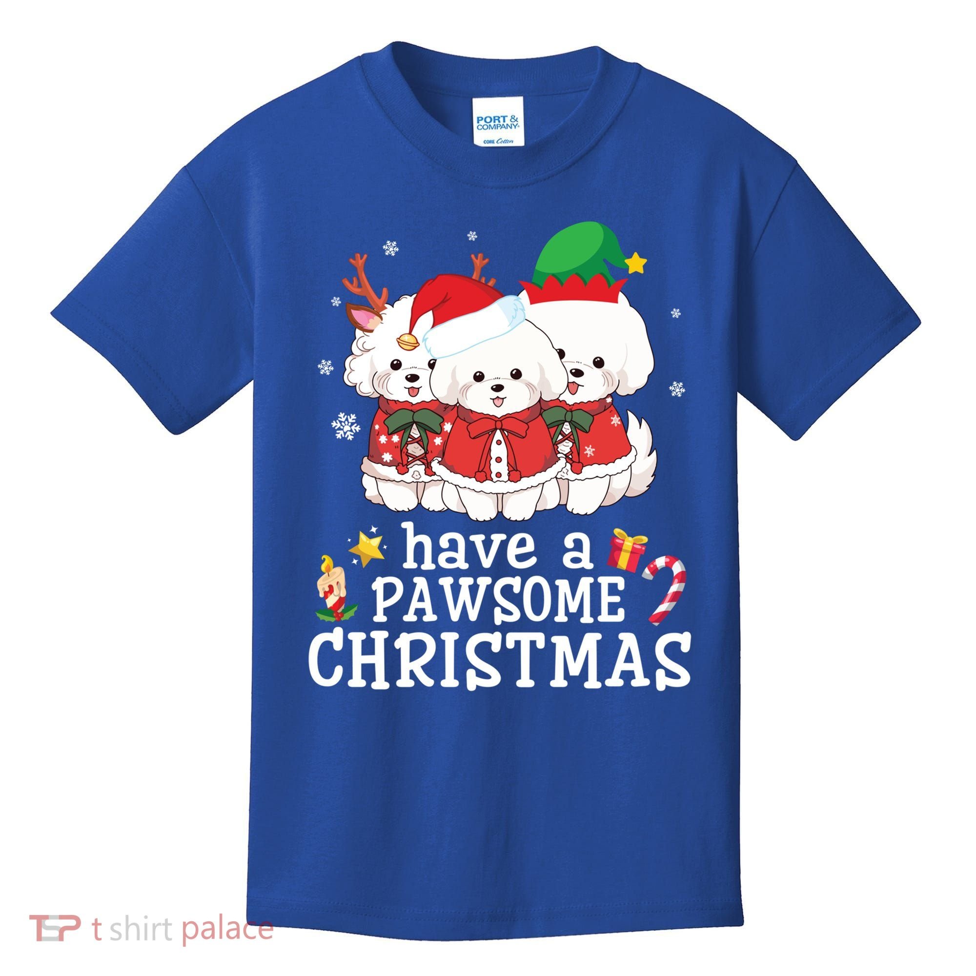 Bichon Frise Dogs Merry Day Mom Dad Have A Pawsome Christmas Cute Gift Kids T-Shirt