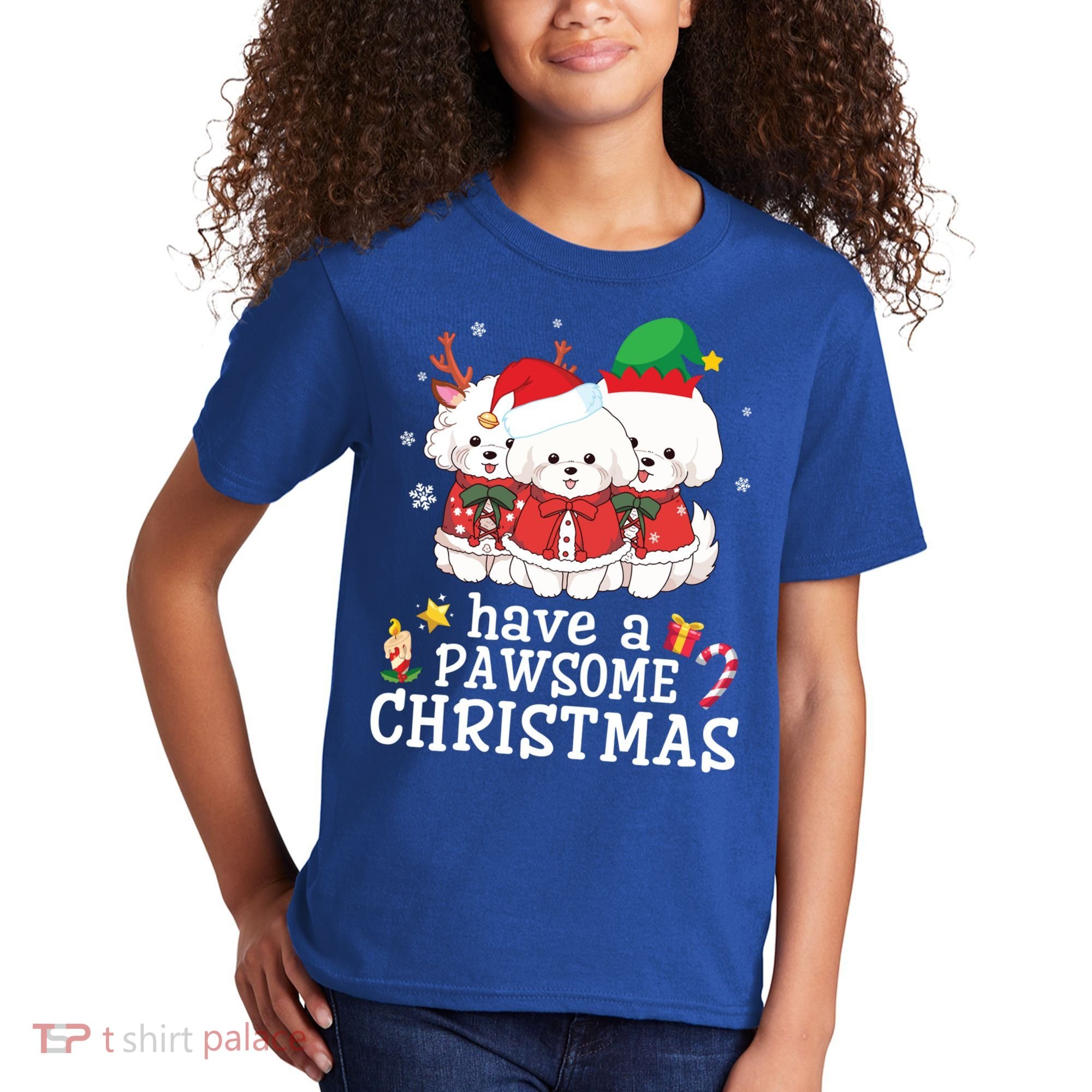 Bichon Frise Dogs Merry Day Mom Dad Have A Pawsome Christmas Cute Gift Kids T-Shirt