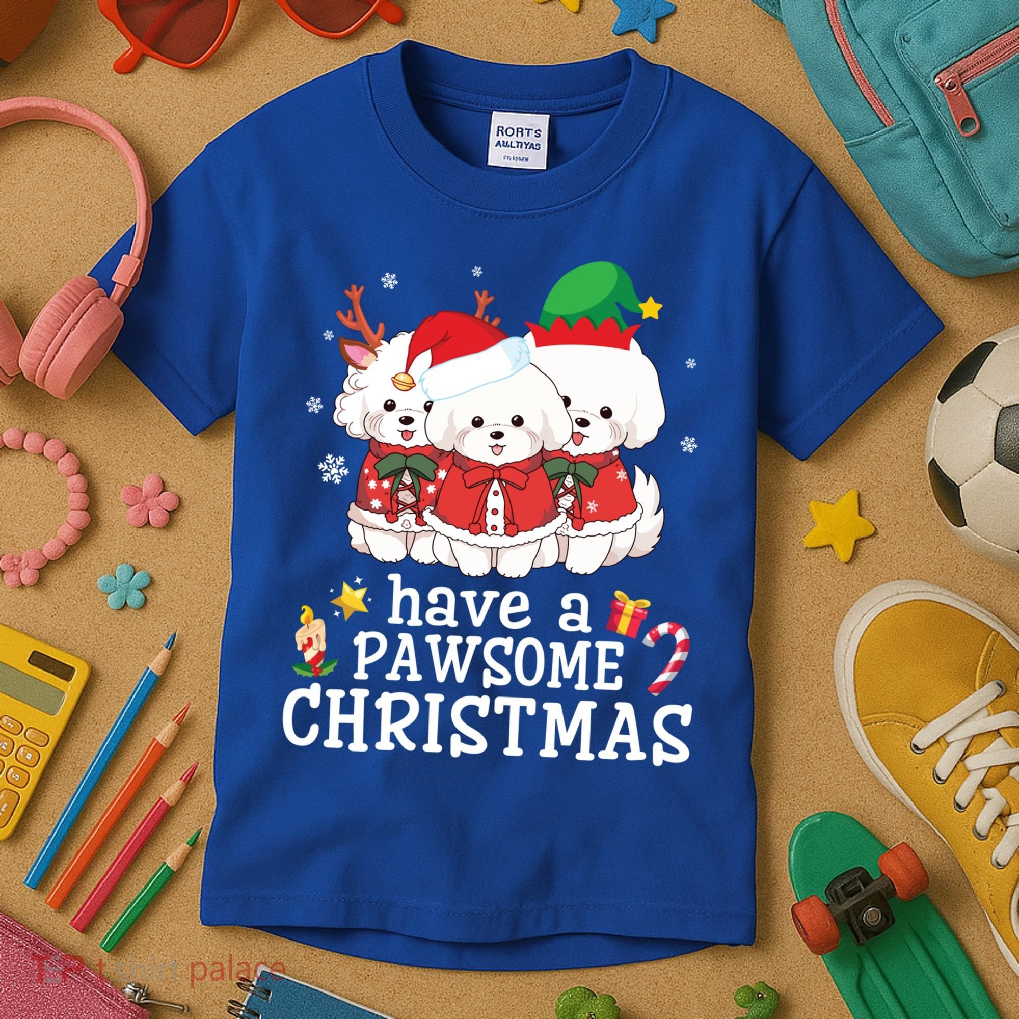 Bichon Frise Dogs Merry Day Mom Dad Have A Pawsome Christmas Cute Gift Kids T-Shirt