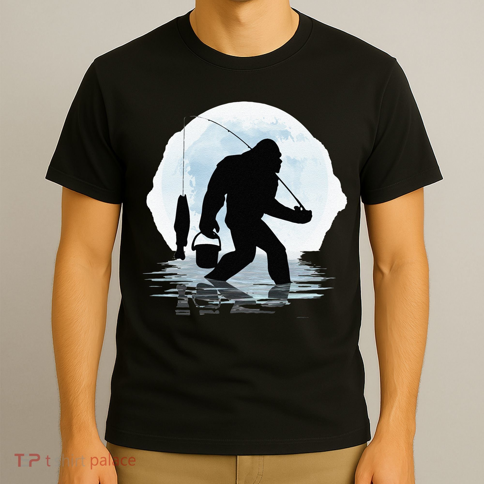 Bigfoot Fishing Funny Sasquatch And Fish Night Fishing T-Shirt