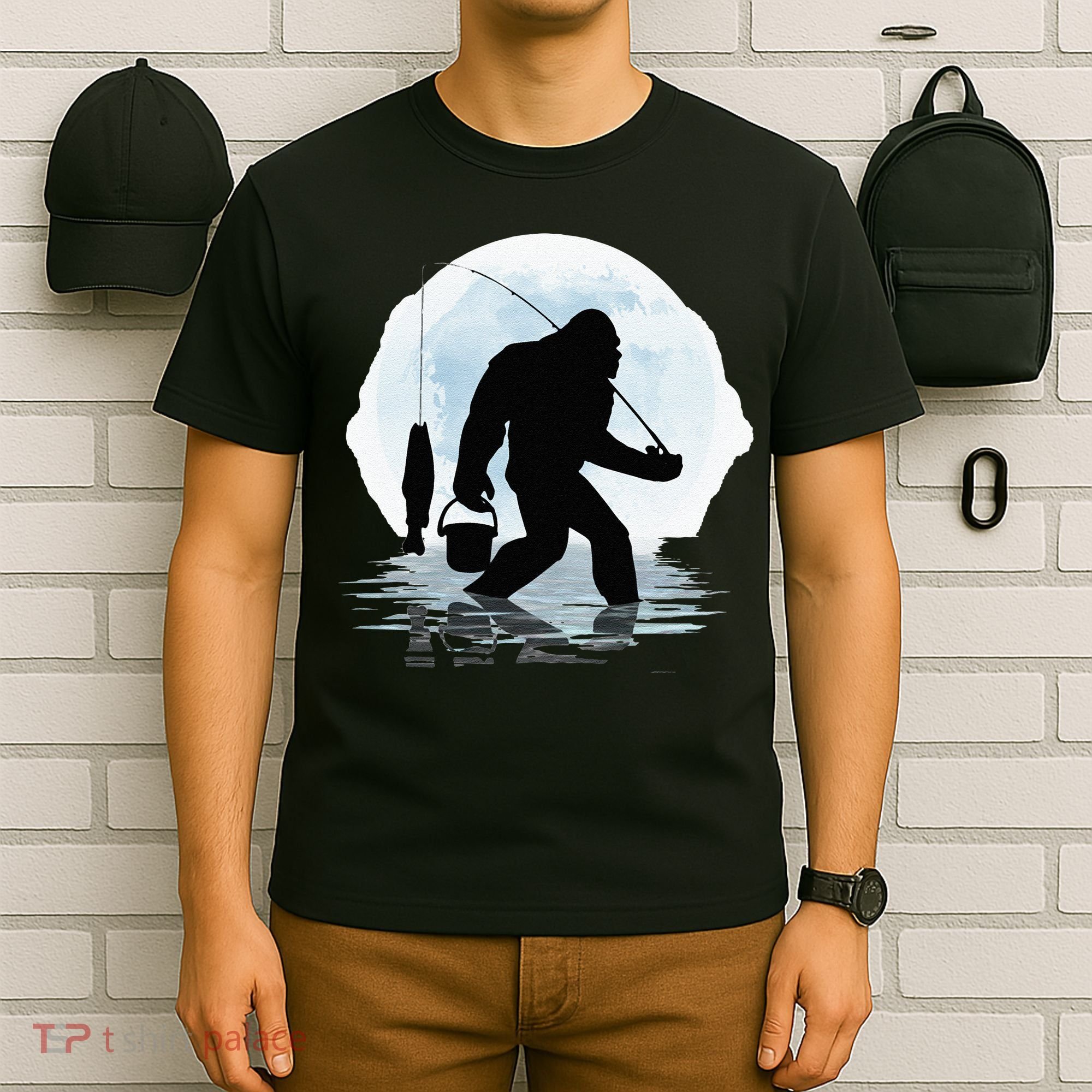 Bigfoot Fishing Funny Sasquatch And Fish Night Fishing T-Shirt