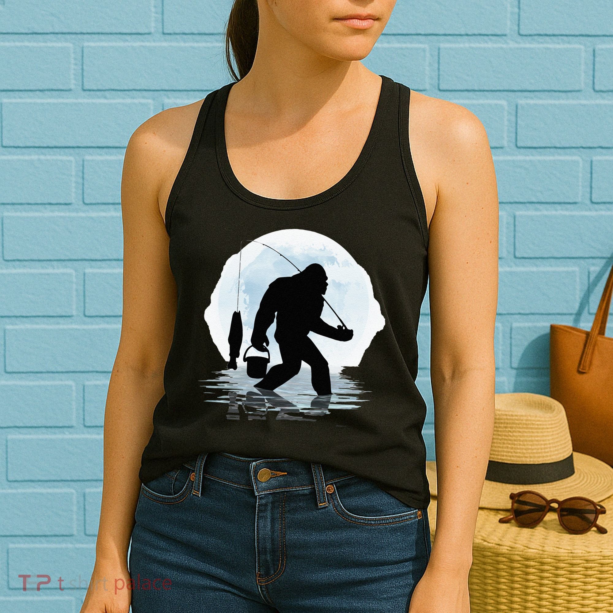 Bigfoot Fishing Funny Sasquatch And Fish Night Fishing Women's Tank Top