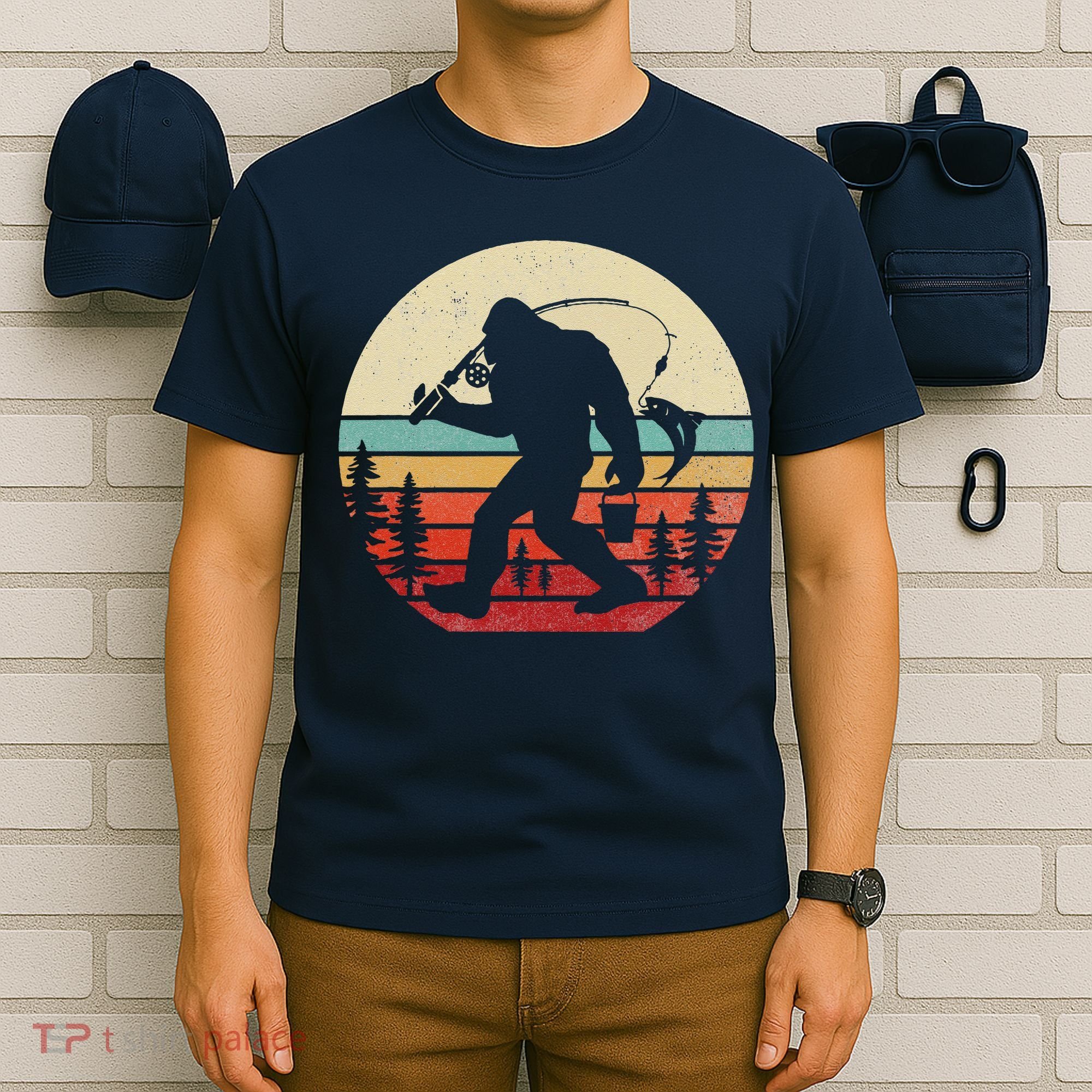 Bigfoot Fishing Funny Retro Sasquatch Dad T-Shirt